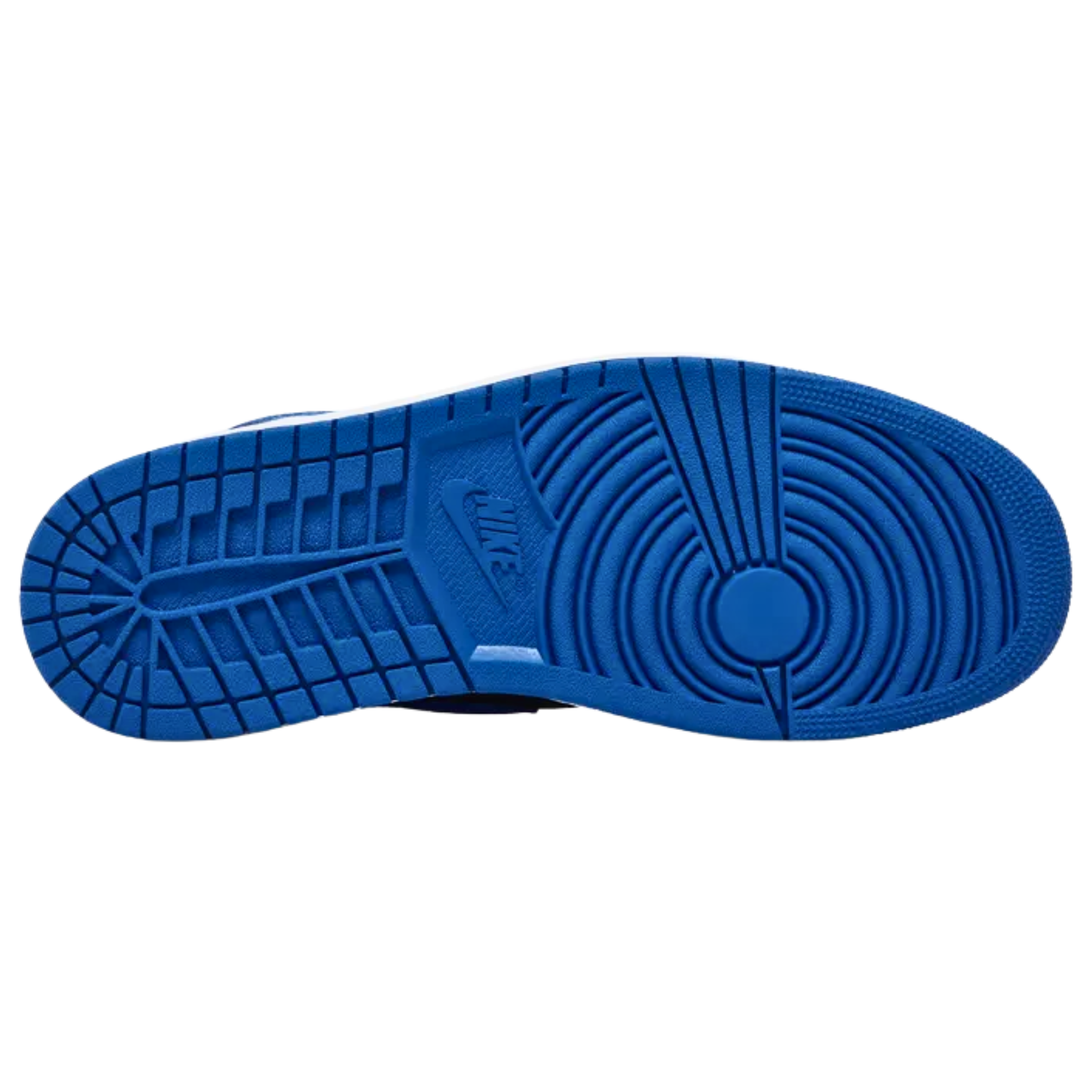 Air Jordan 1 Retro High OG 'Royal Reimagined' featuring a smooth suede upper with a black base and royal blue accents on the toe box, Swoosh, heel, and collar overlay. The sneaker includes a Jordan Wings logo on the collar, a woven Nike Air tag on the nylon tongue, and a sturdy rubber cupsole with white sidewalls and a royal blue outsole.