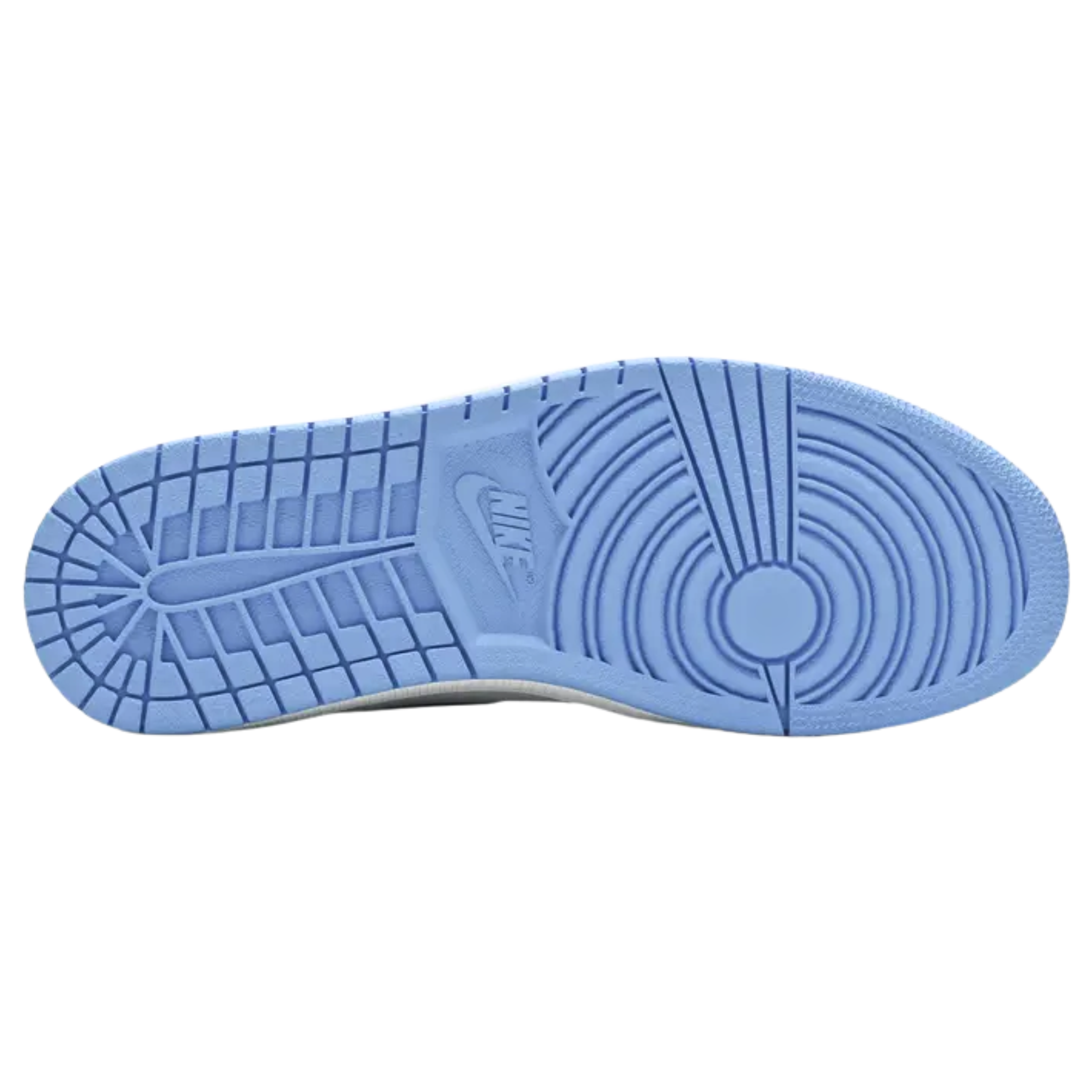 Air Jordan 1 Retro High OG 'University Blue' featuring an all-leather upper with a white base, powder blue overlays, and a black Swoosh. Black accents appear on the collar, tongue tag, and printed Wings logo. A brighter blue shade decorates the standard AJ1 outsole with multi-directional traction and a pivot point.