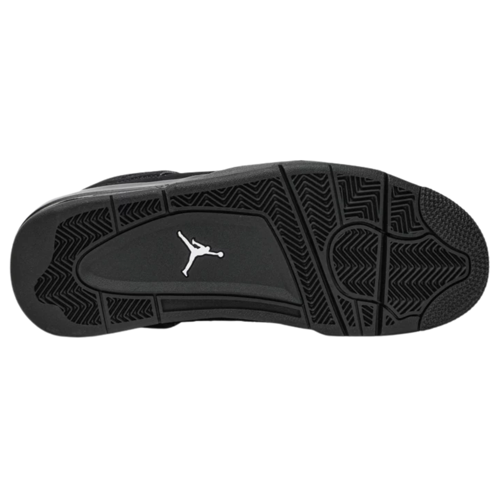The 2020 edition of the Air Jordan 4 Retro 'Black Cat' features a monochromatic black suede upper and midsole, with Light Graphite Jumpman branding on the woven tongue tag as the only contrasting design element.
