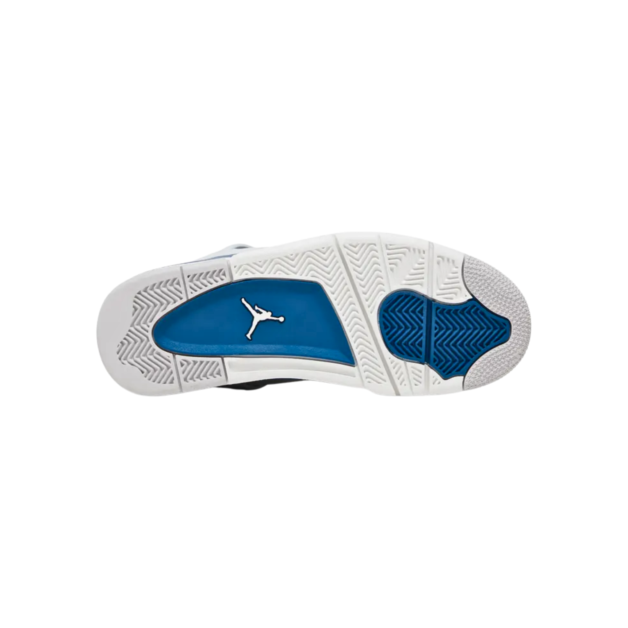 The 2024 reissue of the Air Jordan 4 Retro GS ‘Military Blue’ features an off-white leather upper with TPU support wings, blue accents on the eyelets, tongue tag, and back tab with Nike Air branding, and a polyurethane midsole with exposed Air-sole cushioning in the heel.