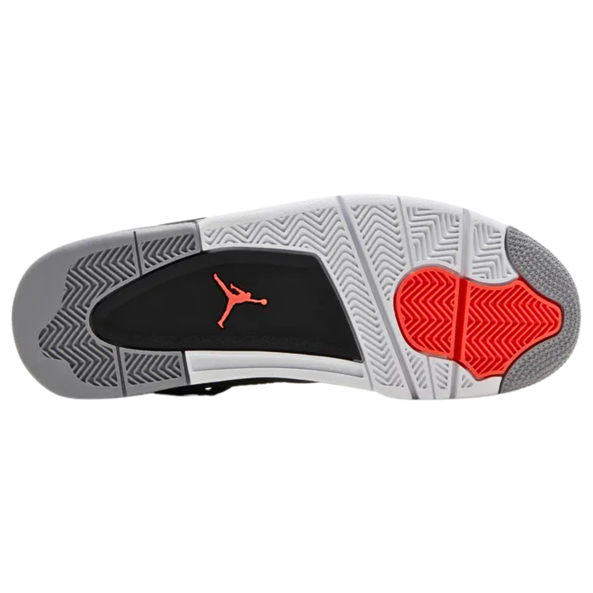Air Jordan 4 Retro ‘Infrared’ featuring a charcoal nubuck upper with a lighter grey forefoot overlay, black accents on the quarter panel netting, structural wings, and Jumpman-branded heel tab. The sneaker includes infrared accents on the woven tongue tag and molded eyelets, with a polyurethane midsole featuring visible Air-sole cushioning in the heel.