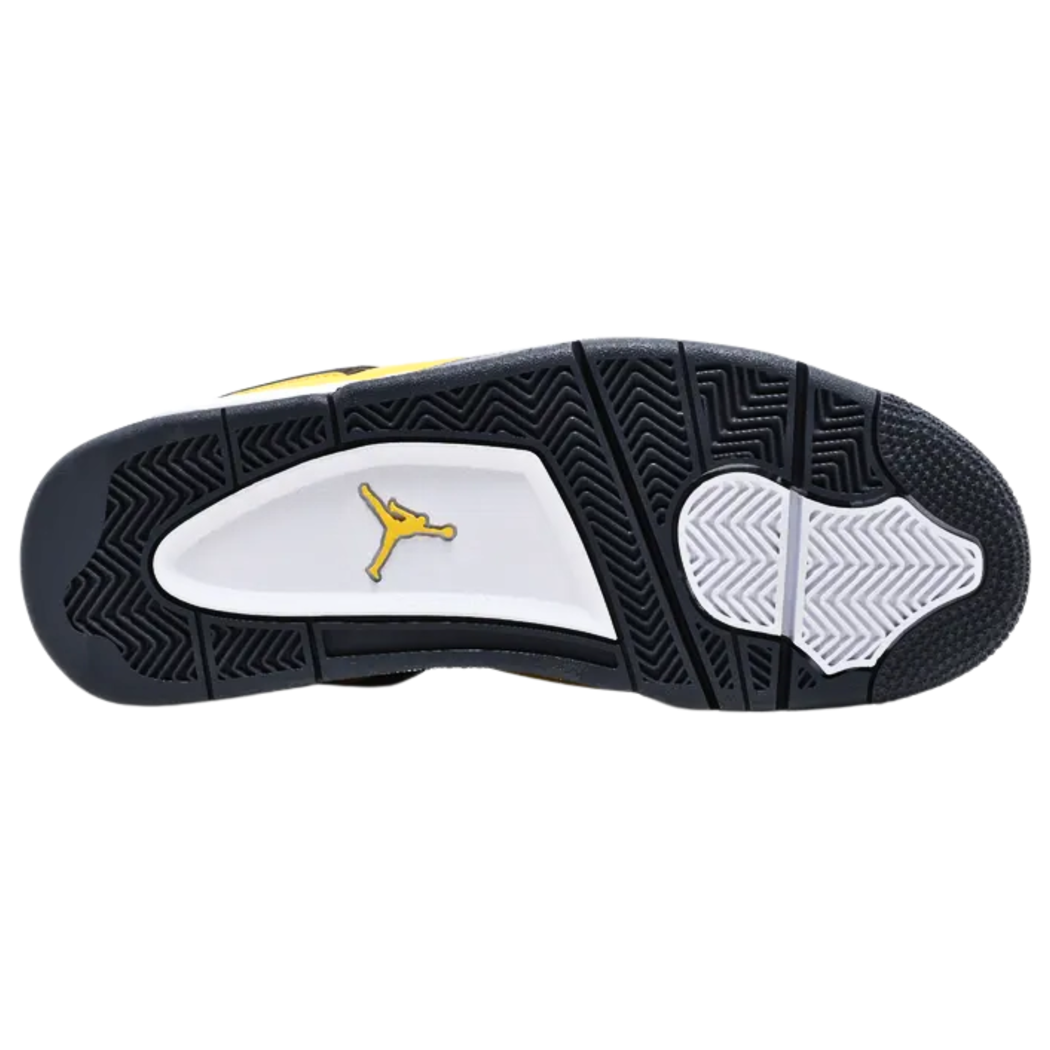 2021 Air Jordan 4 Retro ‘Lightning’ featuring a bright yellow nubuck upper with black netting and dark grey structural wings. The sneaker includes matching grey accents on the woven tongue tag, interior tongue, and Jumpman branding at the heel. It sits on a white PU midsole with visible Air-sole cushioning and a dark grey herringbone rubber outsole.