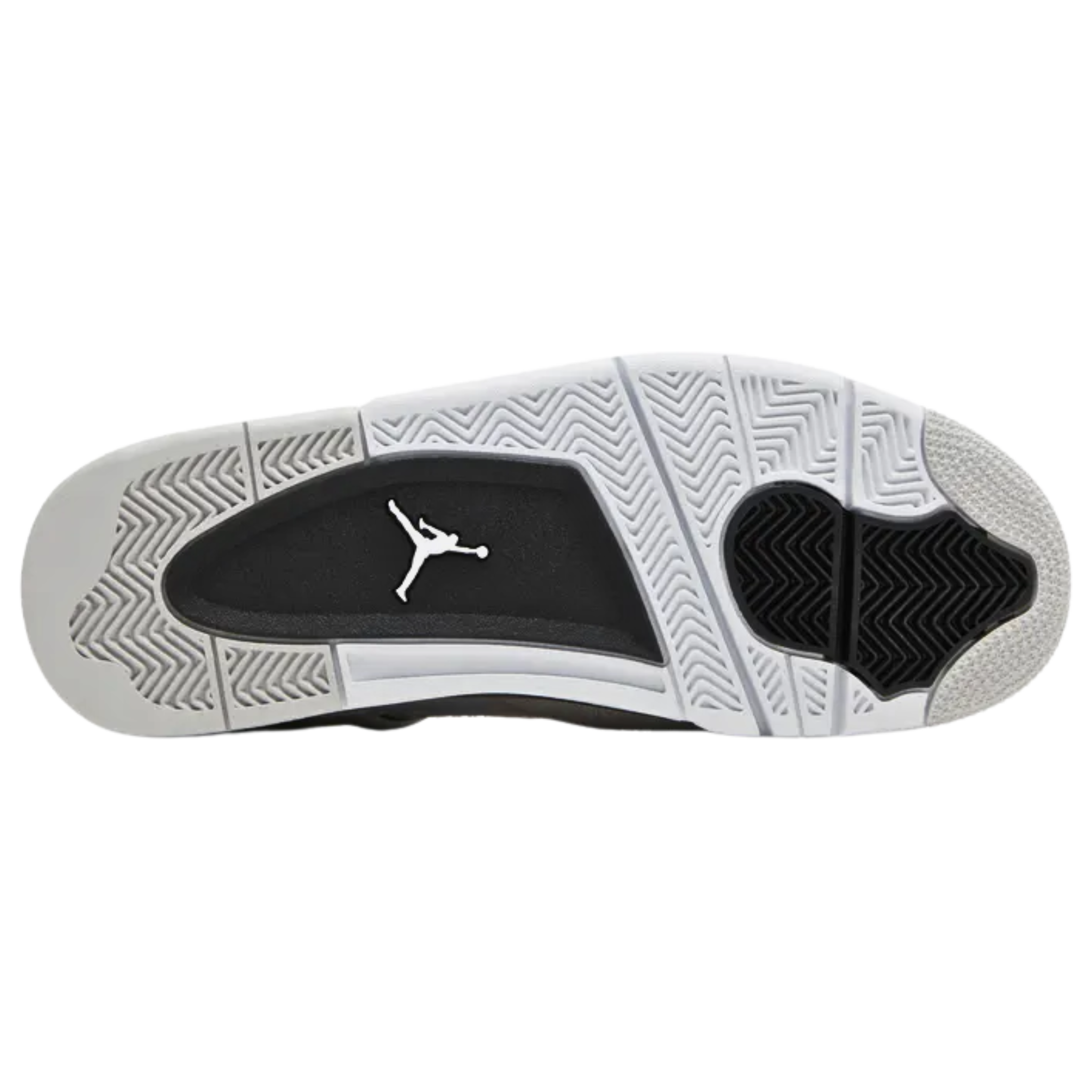 Air Jordan 4 Retro ‘Military Black’ featuring a smooth white leather upper with a grey suede forefoot overlay. The sneaker includes black accents on the TPU eyelets, molded heel tab, and Jumpman logo on the woven tongue tag. It is mounted on a two-tone polyurethane midsole with a visible Air-sole unit under the heel for cushioning.