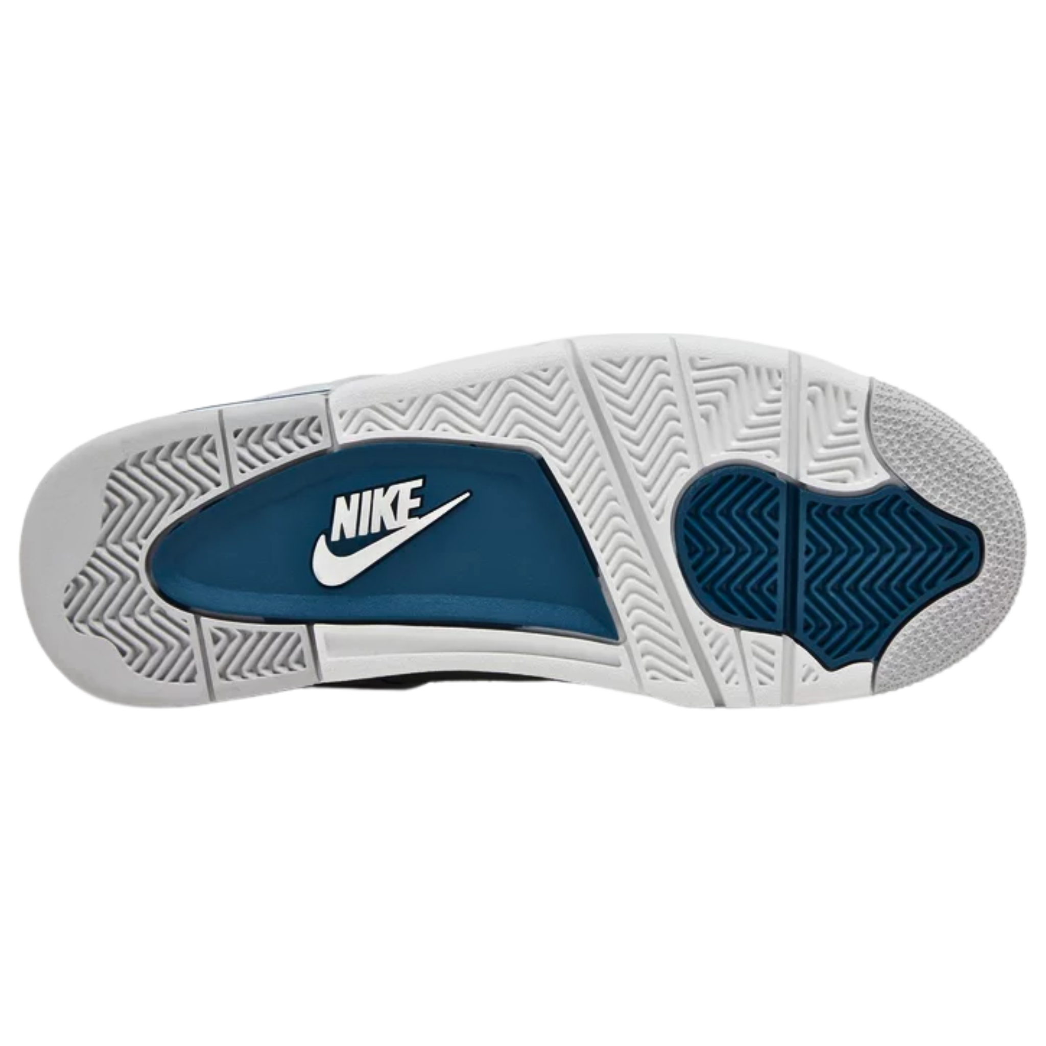 Air Jordan 4 Retro 'Military Blue' (2024) featuring a smooth off-white leather upper with quarter panel netting and a tonal nubuck forefoot overlay. The sneaker includes a vibrant blue Jumpman logo on the woven tongue tag, matching blue molded eyelets, and a back tab with Nike Air branding. It sits on a lightweight polyurethane midsole with encapsulated Air-sole cushioning in the forefoot and a visible Air bag in the heel.