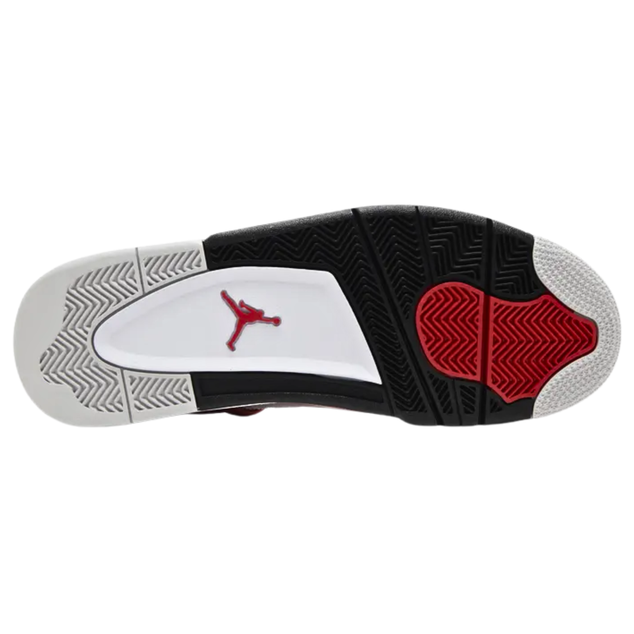 Air Jordan 4 Retro 'Red Cement' featuring a white leather upper with tonal quarter panel netting, black accents on the molded eyelets and interior lining, and vibrant Fire Red highlights on the support wings, midsole, and heel tab. The sneaker includes black speckled detailing, embossed Jumpman branding on the heel tab, a Jumpman logo on the Flight tongue tag, and a herringbone-traction rubber outsole for superior grip.