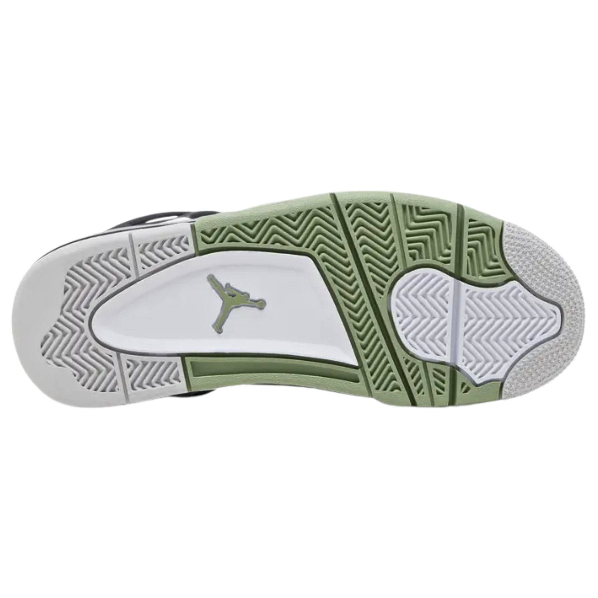 Women’s Air Jordan 4 Retro ’Seafoam’ featuring a smooth white leather upper with Oil Green accents on the eyelets, interior lining, and Jumpman branding on the Flight tongue tag and molded heel tab. The sneaker includes quarter panel netting, support wings, a polyurethane midsole with a visible Air-sole unit in the heel, and a green accent throughout the forefoot.