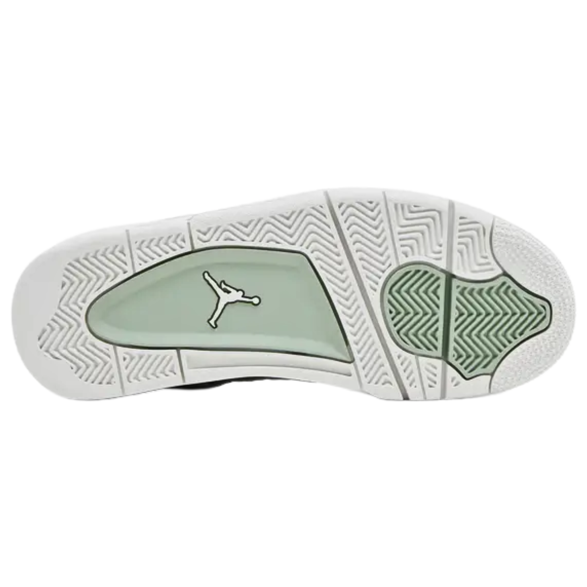 Women's Air Jordan 4 Retro 'Seafoam Sail' sneaker featuring a pale green leather upper, breathable netted quarter panels, and tonal Jumpman branding on the tongue and heel tab. Metallic silver molded eyelets complement the off-white polyurethane midsole with a visible Air-sole unit in the heel.