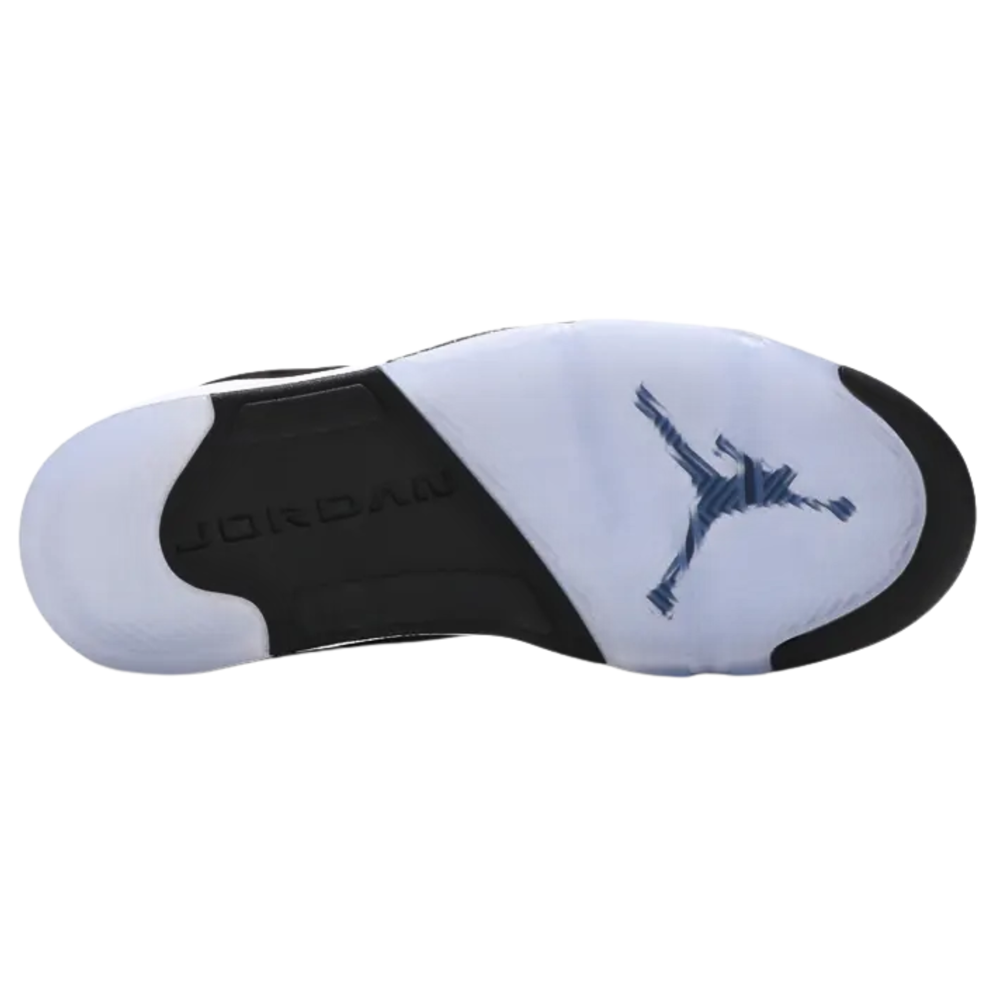 2021 Air Jordan 5 Retro ‘Moonlight’ featuring a black suede upper with tonal TPU eyelets, translucent quarter panel netting, and a grey Jumpman embroidered on the tongue. The sneaker includes contrasting white accents on the collar lining, interior tongue, and Jumpman heel branding. It sits on a white polyurethane midsole with a visible Air unit in the heel and black shark-tooth detailing with white speckles. The icy rubber outsole provides stop-and-go traction.