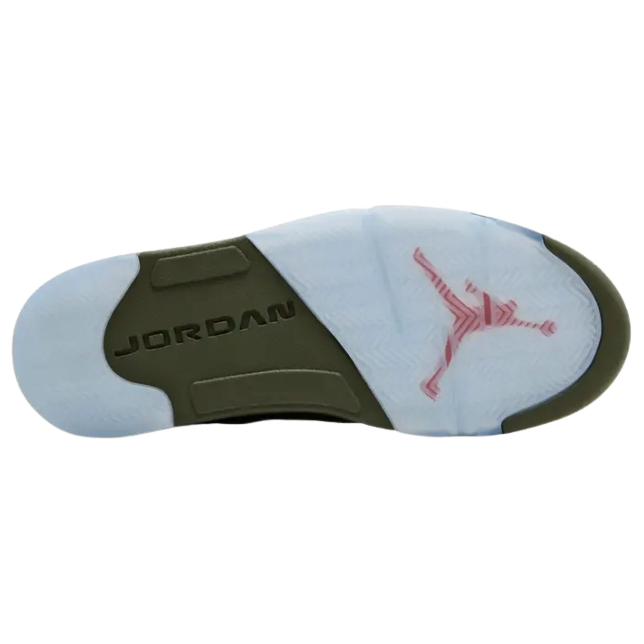 Air Jordan 5 Retro 'Olive' (2024) featuring a textured olive green suede upper with tonal molded eyelets and breathable quarter panel netting. The sneaker includes contrasting orange accents on the interior lining, Jumpman logos on the back heel and reflective tongue, and orange shark-tooth detailing on the olive polyurethane midsole with visible Air-sole cushioning and a translucent rubber outsole.