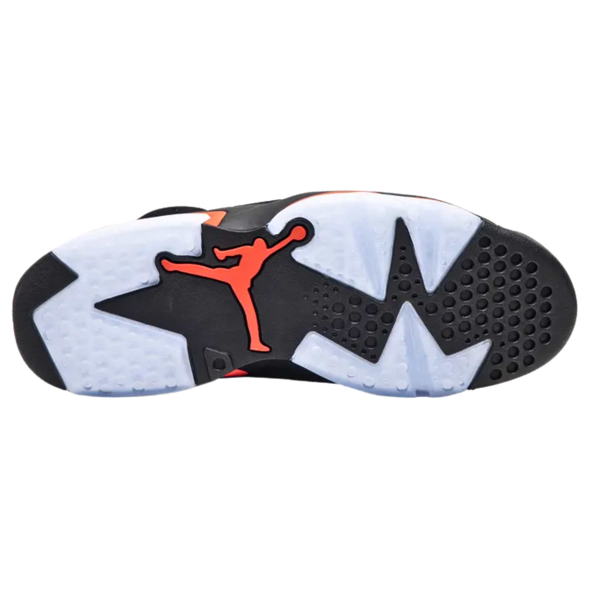 The 2019 Air Jordan 6 Retro ‘Infrared’ features a black nubuck upper with reflective 3M layering, accented by Infrared hits on the midsole, heel tab, and lace lock. Nike Air branding on the heel and sockliner completes the OG-inspired design.