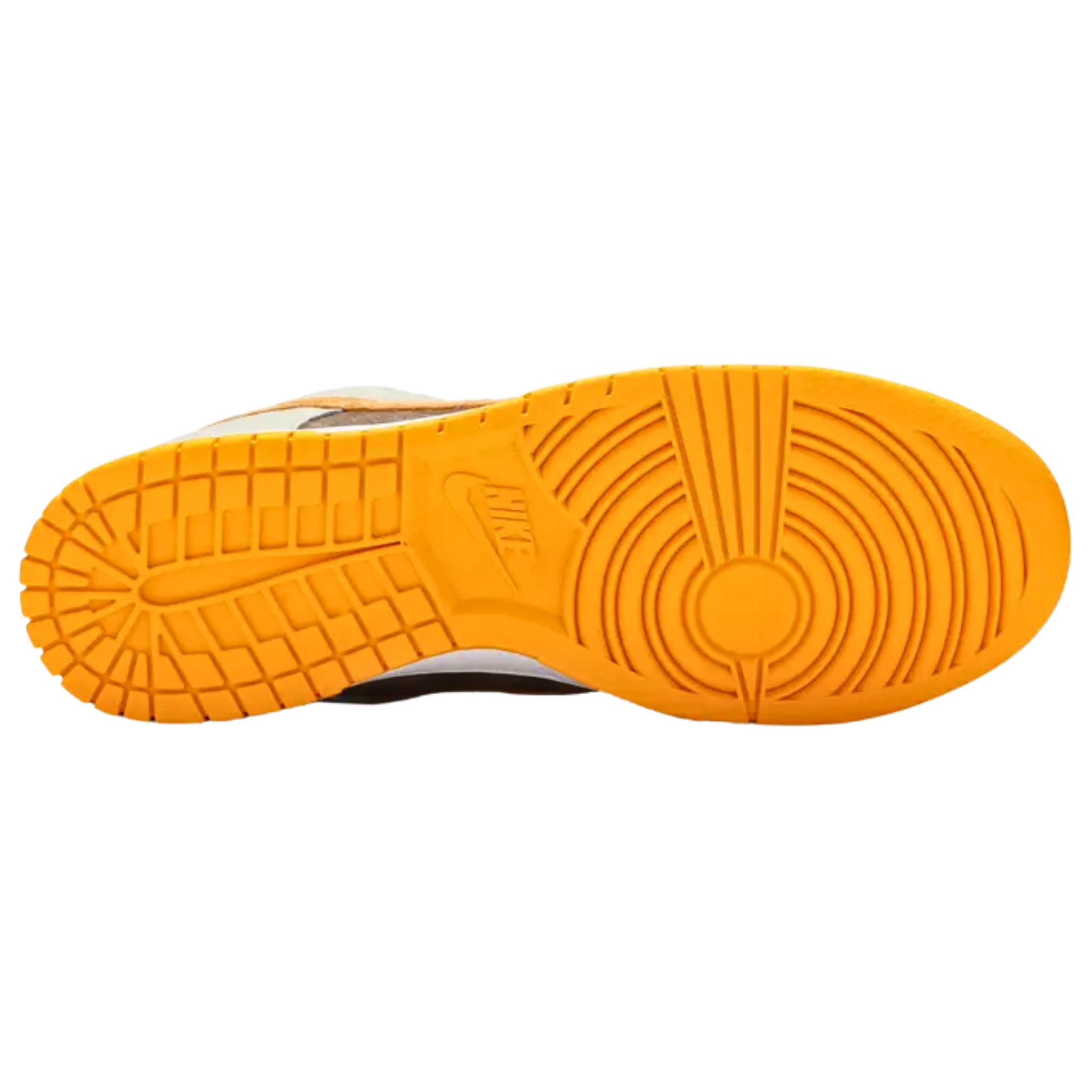 The Nike Dunk Low ‘Dusty Olive’ features a buttery suede upper with a rustic brown base, pale green overlays, and bright orange accents on the Swoosh, heel tab, and laces. A woven Nike tag decorates the tongue, while the collar is made of brown nylon. The sneaker's multi-tone build is complemented by a crisp white rubber midsole and a colorful outsole that adds the final pop of style.