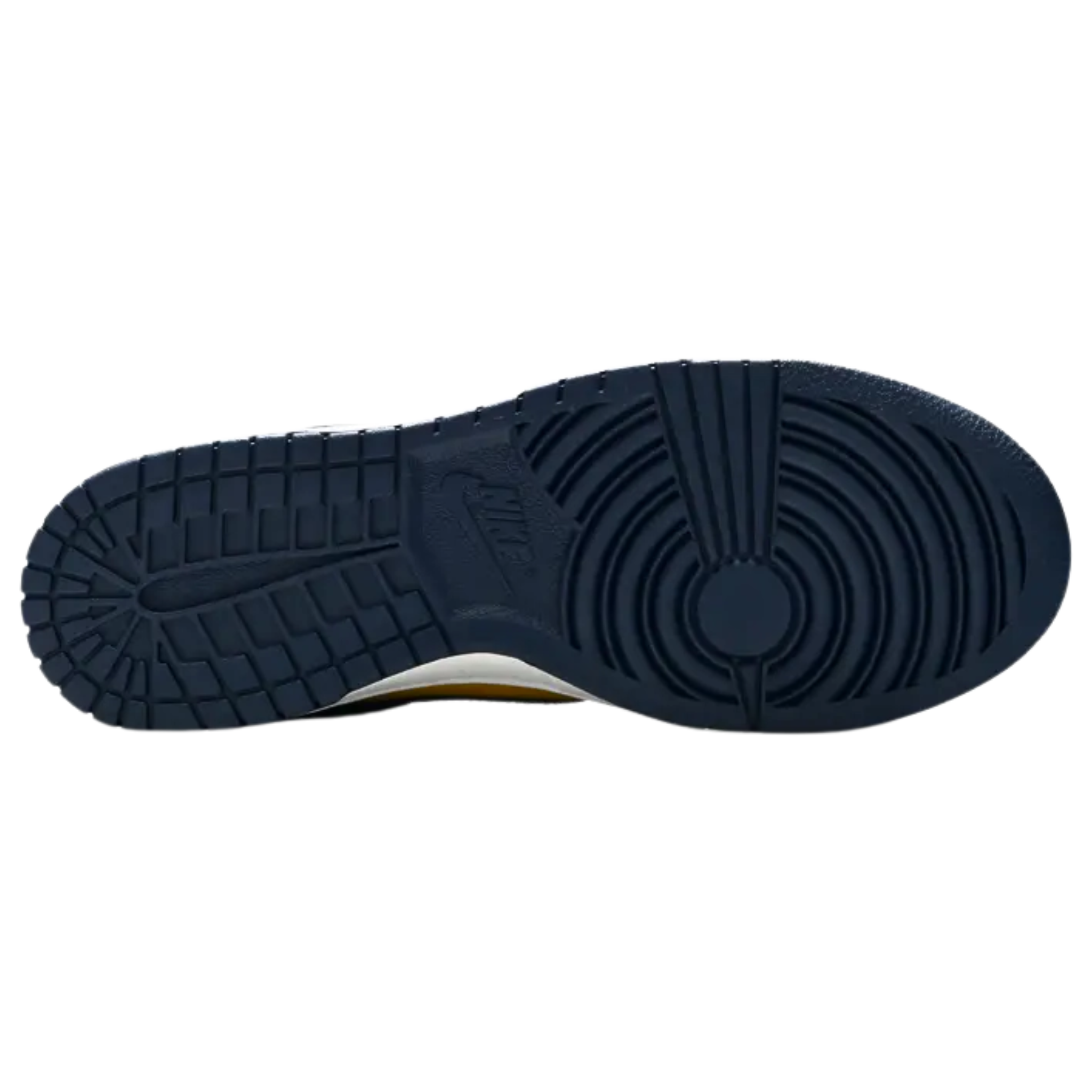 The 2021 Nike Dunk Low 'Michigan' revives a classic 'Be True to Your School' colorway from 1985, featuring a rich Varsity Maize leather upper with contrasting Midnight Navy accents on the Swoosh and forefoot and heel overlays. The low-top silhouette offers a low-cut collar and breathable nylon tongue, both branded with traditional Nike logos, providing padded comfort and a retro-inspired look.