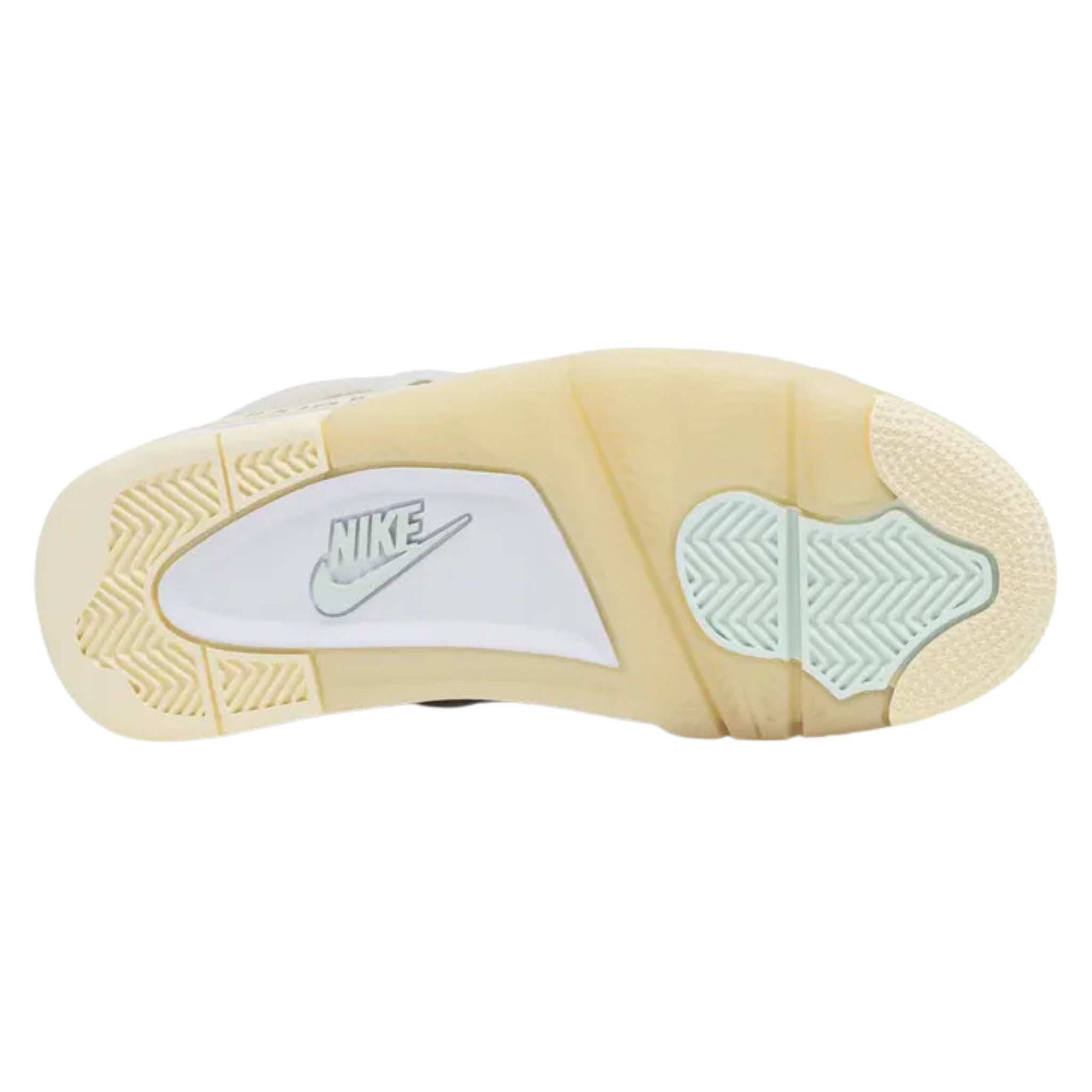The Off-White x women's Air Jordan 4 Retro SP 'Sail' features a deconstructed leather upper in Off-White, with semi-translucent TPU detailing on the eyelets, 'wings,' and heel panel. Virgil Abloh’s signature zip tie and ‘AIR’ branding above the Air sole unit complete the design.