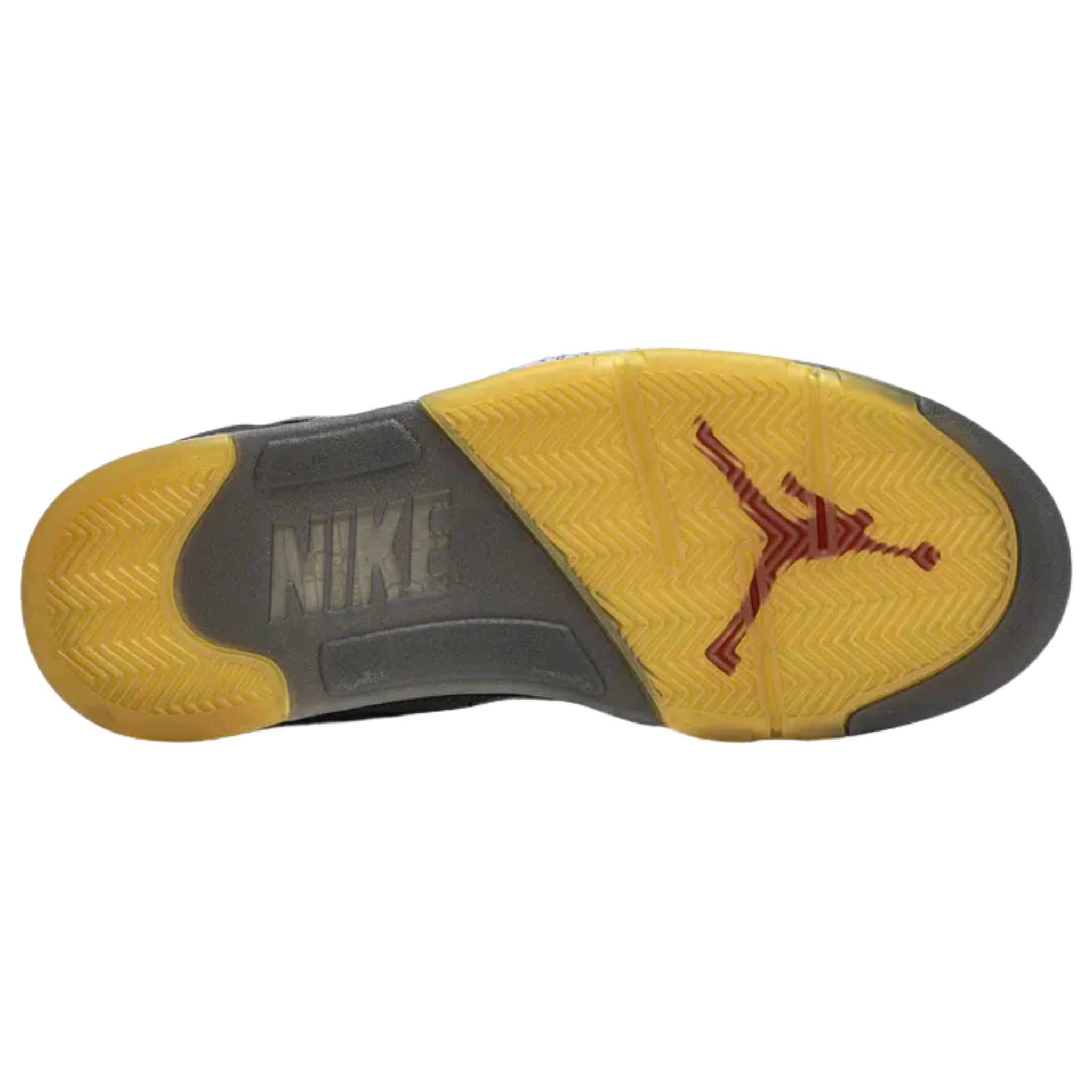 The Off-White x Air Jordan 5 SP 'Muslin' features a faded black textile upper with a silver reflective tongue and embroidered Nike Air branding. Virgil Abloh’s signature text appears on the laces and medial panel, while a pre-yellowed translucent rubber outsole enhances the vintage look.