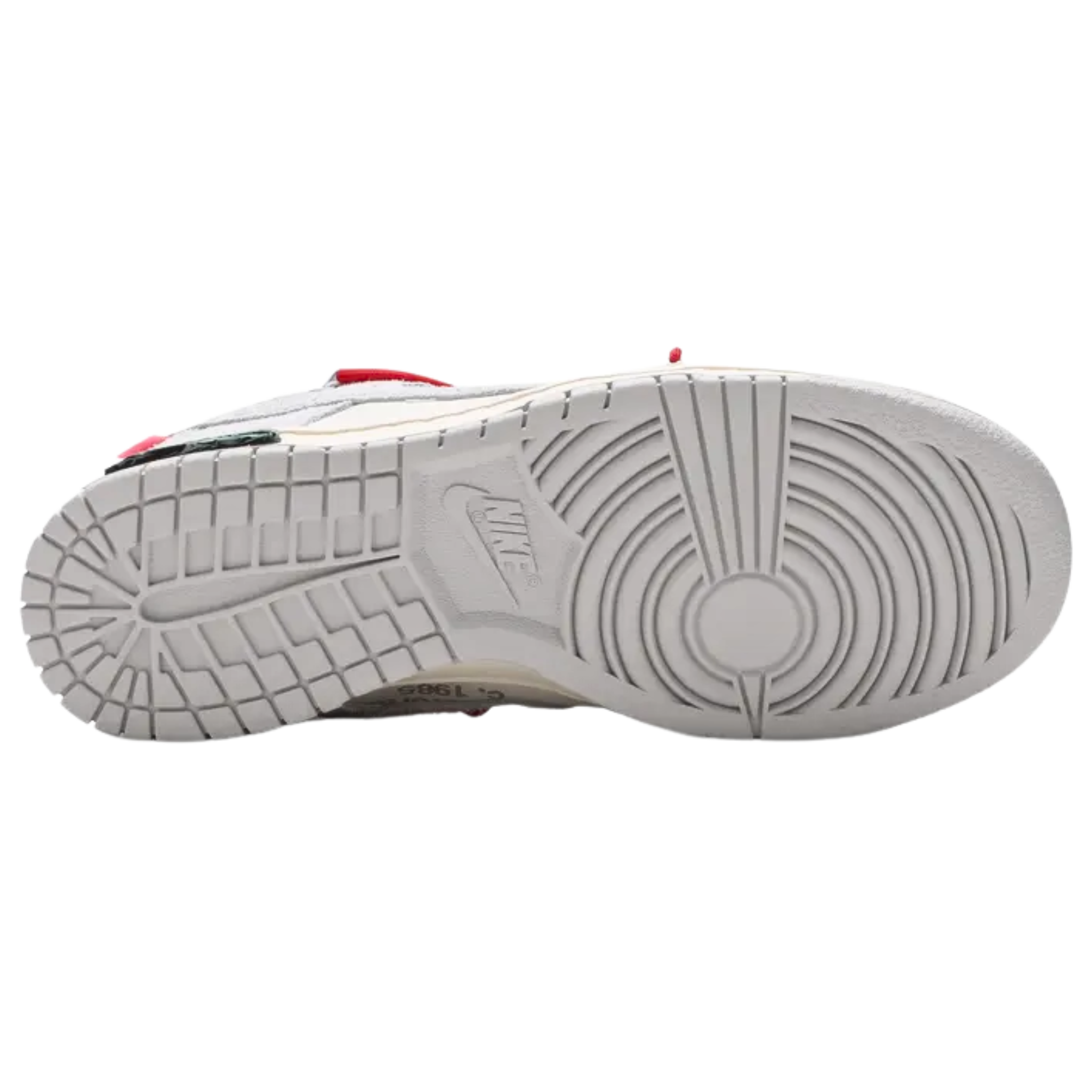 The Off-White x Nike Dunk Low from the 'Dear Summer' collection features a white leather upper with soft grey suede overlays. Signature Virgil Abloh details include a plastic zip tie, printed Helvetica text, and a secondary lacing system. Pops of color come from the zip tie, exposed-foam tongue, and a rectangular tab on the Swoosh. Limited to fifty pairs, the sneaker is marked with a '33 of 50' badge on the lateral midsole, making it a rare and collectible release.