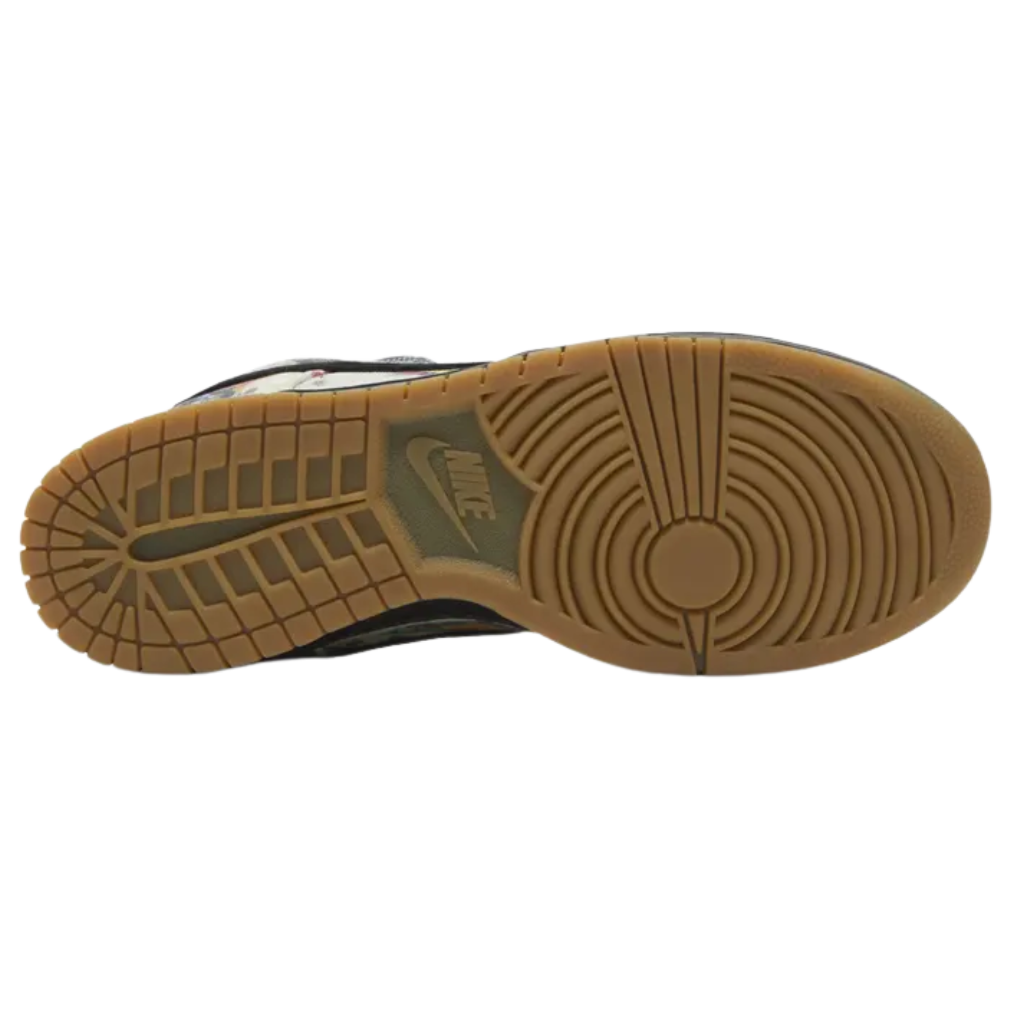 The Supreme x Nike Dunk Low SB ‘Rammellzee’ features a canvas upper adorned with the late artist’s original graffiti designs. Durable black suede is used on the eyestay, Swoosh, and forefoot overlay, complemented by a padded mesh tongue and textile collar lining. Metallic gold ‘Supreme’ lace dubrae add gleaming accents. The sneaker rests on a durable cupsole with black sidewalls and a gum rubber outsole, combining artistic expression with skate-ready performance.