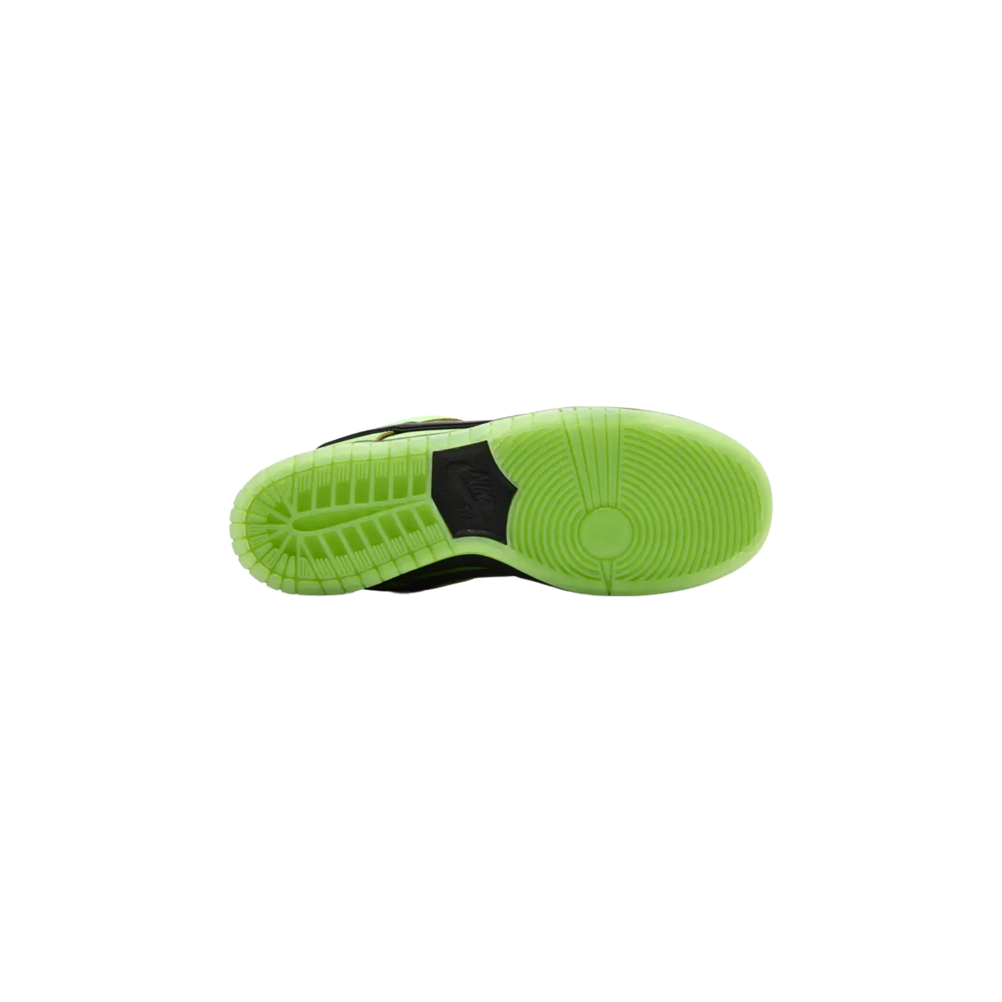 The Nike Dunk Low Pro SB QS PS ‘Buttercup,’ part of a Powerpuff Girls-inspired collection, features a bright green leather upper with reflective piping and a black Swoosh. The nylon tongue is adorned with a woven Nike SB tag, showcasing Buttercup's name, while the repeating Powerpuff Girls logo lines the interior. Embroidered eyes on the heel tabs and Mojo Jojo’s image on the right sockliner add unique touches. A solid black midsole and green-tinged translucent rubber outsole complete the design.