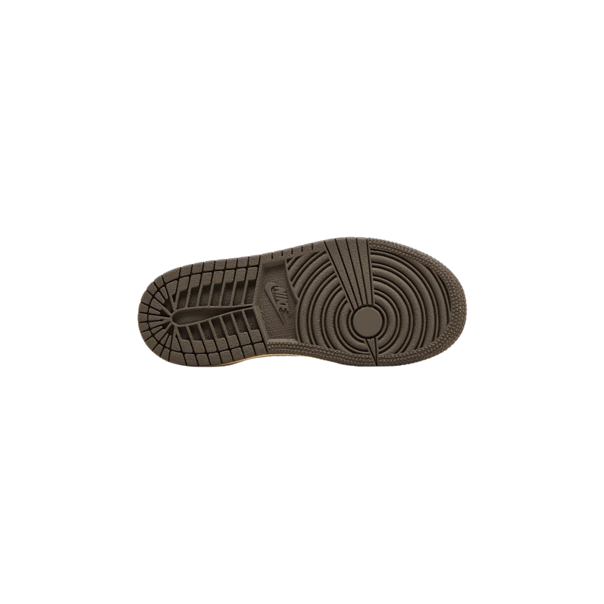 The Travis Scott x Air Jordan 1 Retro Low OG PS ‘Reverse Mocha’ for little kids features a brown nubuck upper with off-white leather overlays, an oversized reverse Swoosh, woven Nike Air and Cactus Jack tags, crimson embroidered heel tabs with Travis Scott's face on the left and the Jordan Wings logo on the right, an aged midsole, and a brown rubber outsole.