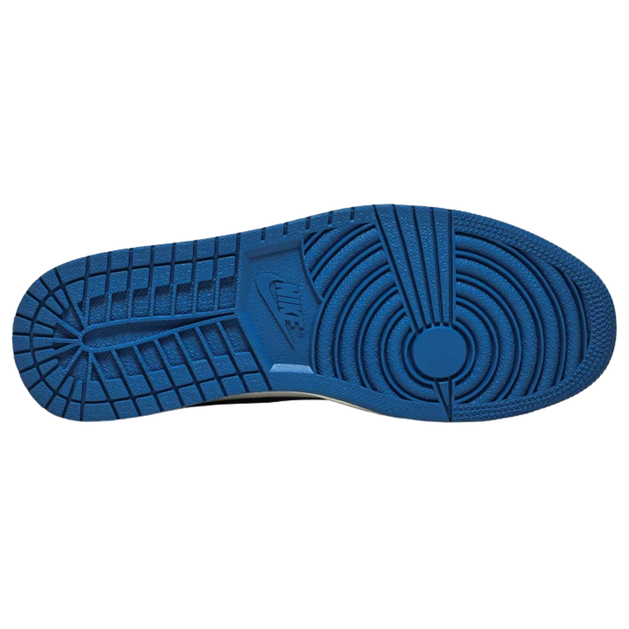Fragment Design x Travis Scott x Air Jordan 1 Retro Low featuring a white leather upper with black and royal blue overlays. The sneaker includes Scott’s oversized inverted Swoosh in off-white on the lateral side, a black standard Swoosh on the opposite side, and Cactus Jack branding with a smiley face logo on the left heel tab. The right heel tab features a Jordan Wings logo and Fragment’s lightning bolt trademark.