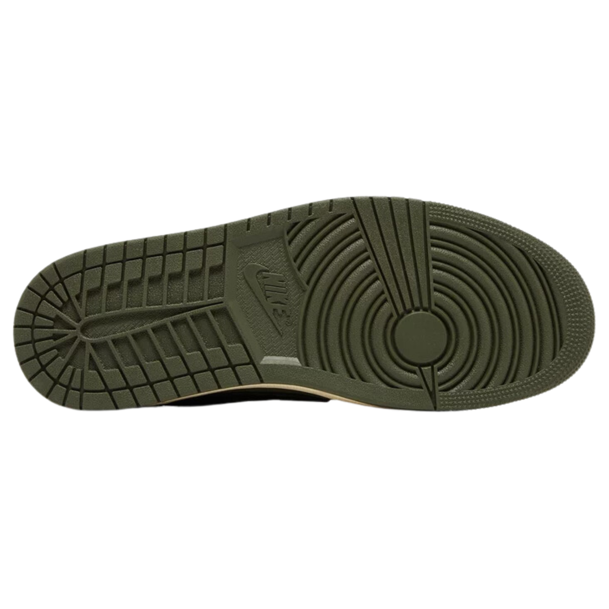 Travis Scott x Air Jordan 1 Retro Low OG SP 'Reverse Olive / Medium Olive' featuring an olive green suede base with chalk white leather overlays and a black tumbled leather reverse Swoosh. The sneaker includes crimson accents on the Nike Air tongue tag, mismatched Jordan Wings and Cactus Jack branding on the leather back tabs, and a vintage off-white midsole with an olive rubber outsole for grip.