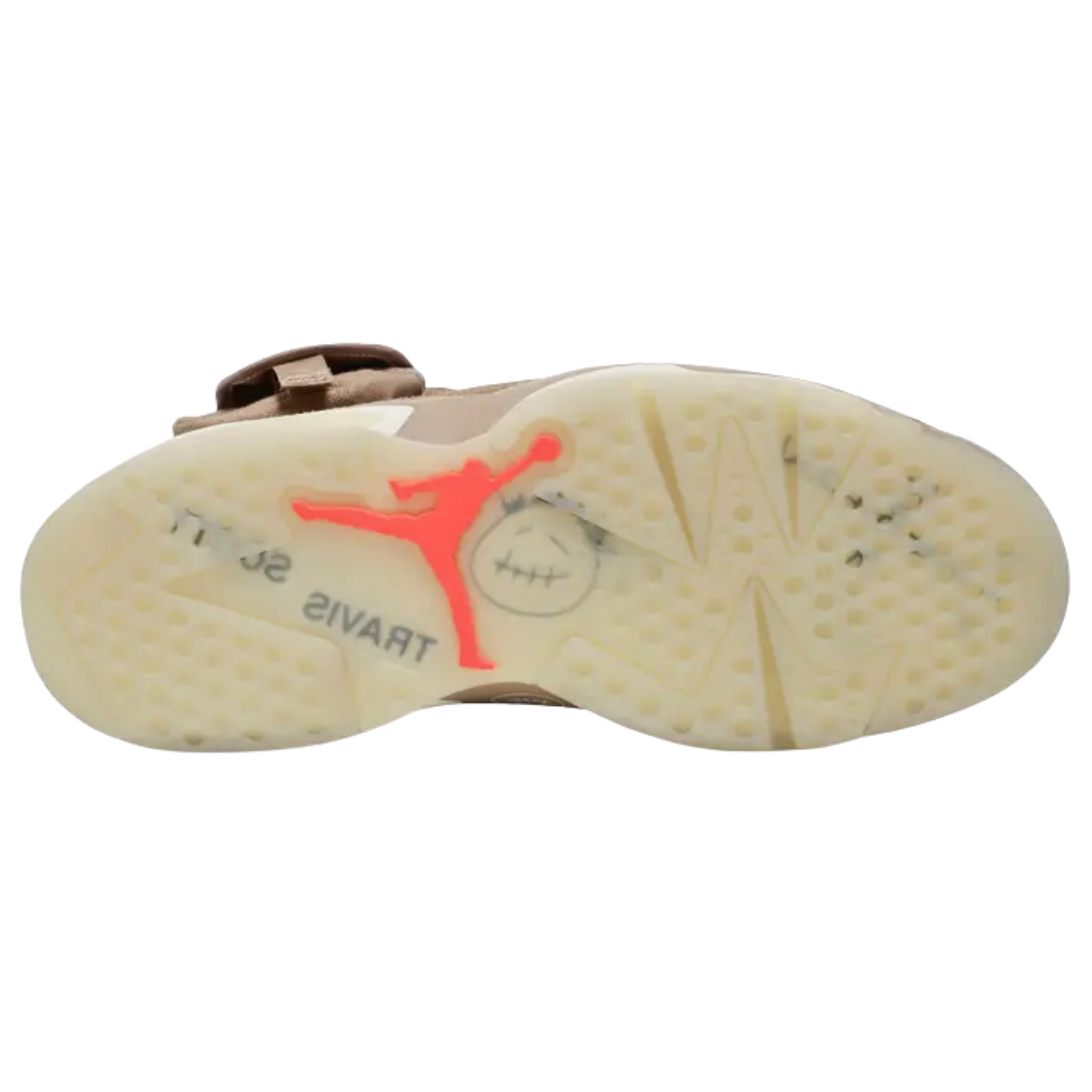 Travis Scott x Air Jordan 6 Retro 'British Khaki' featuring a suede and canvas upper with Bright Crimson accents. The design includes a stash pouch on the lateral collar, zippered detailing on the medial side, and mismatched Nike Air and Cactus Jack branding on the heels. Additional graphics are featured on the midsole, outsole, tongue, and lace lock.