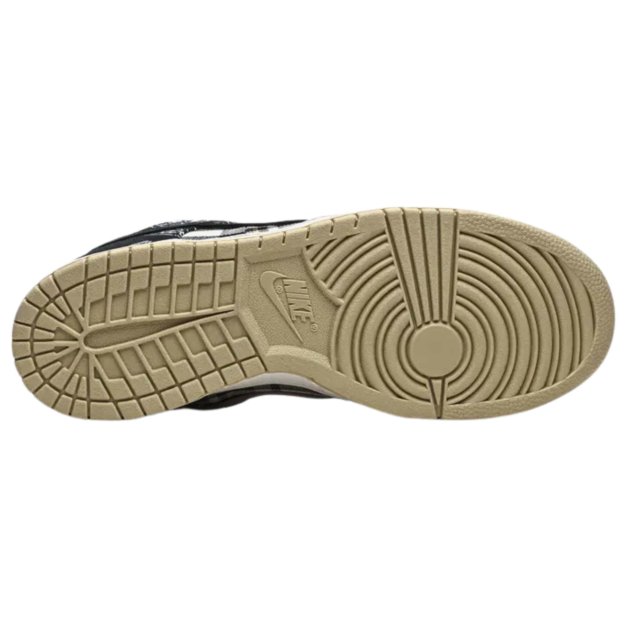 The Travis Scott x Nike Dunk Low SB features a unique patchwork design with a tan leather base, plaid quarter panels, and paisley print overlays that tear away to reveal hidden elephant print underneath. The contrasting patterns are paired with rope laces, Cactus Jack tongue tags, and mismatched black and pink Swooshes on each shoe. The sneaker is completed with a white midsole and a tan rubber outsole for a stylish and layered look.