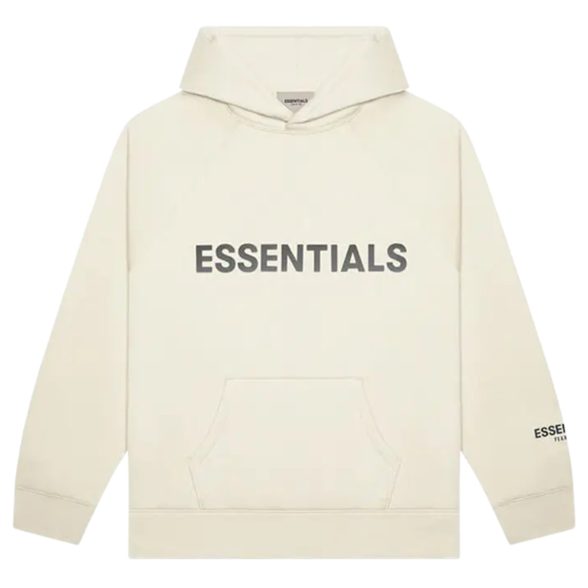 The Fear of God Essentials Pullover Hoodie from SS22 is crafted from fleece-back cotton-blend jersey in a soft cream color. It features a bold "Essentials" logo flocked across the chest and a smaller logo print on the sleeve. This hoodie offers a relaxed fit, perfect for casual wear with a minimalist aesthetic.