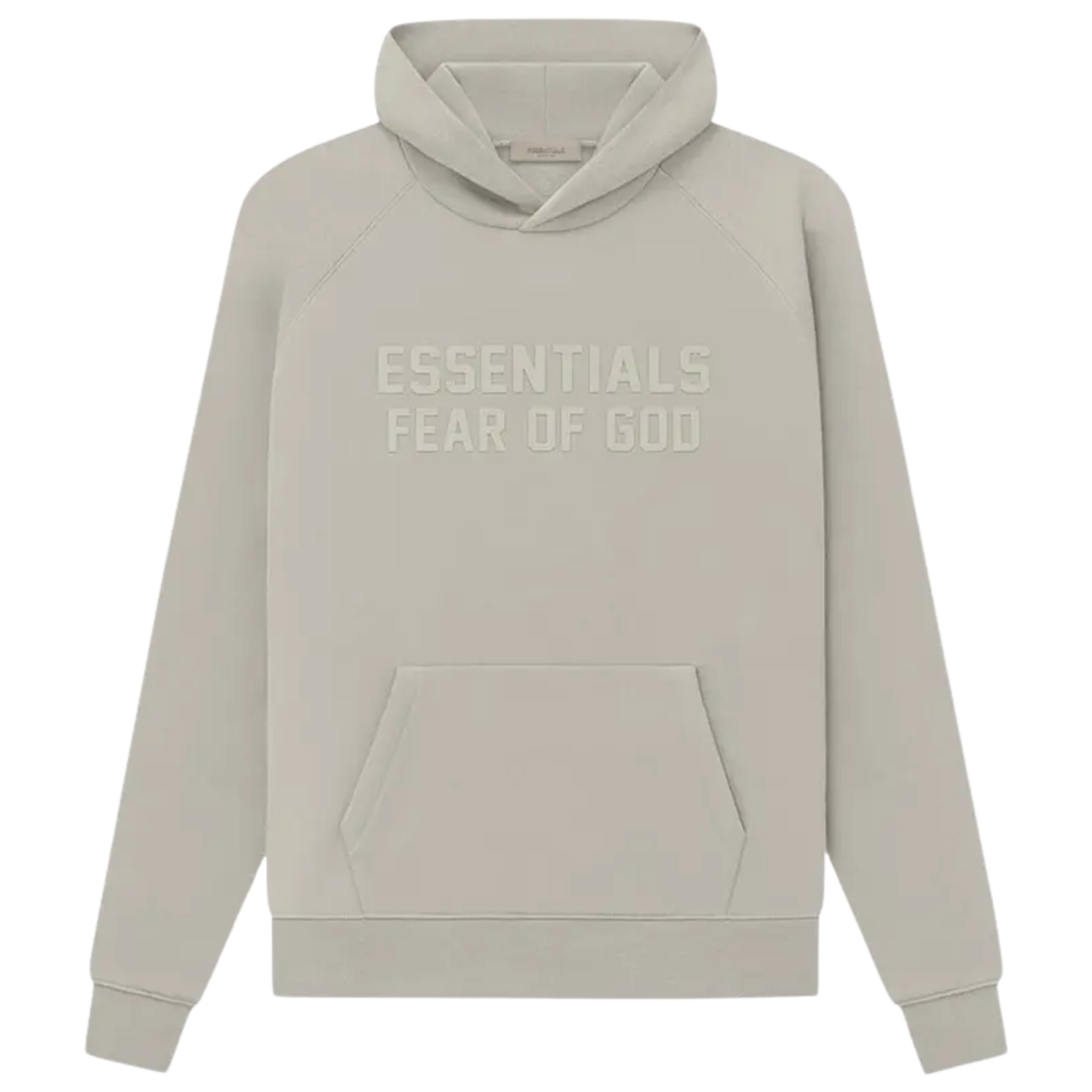 The Fear of God Essentials Hoodie from SS23 in Seal colorway features a minimalist design with a flocked "Essentials" logo in sans-serif lettering across the front. Made from cotton-rich fleece, it includes a rubberized brand patch on the hood, offering a stylish, comfortable fit perfect for casual wear.