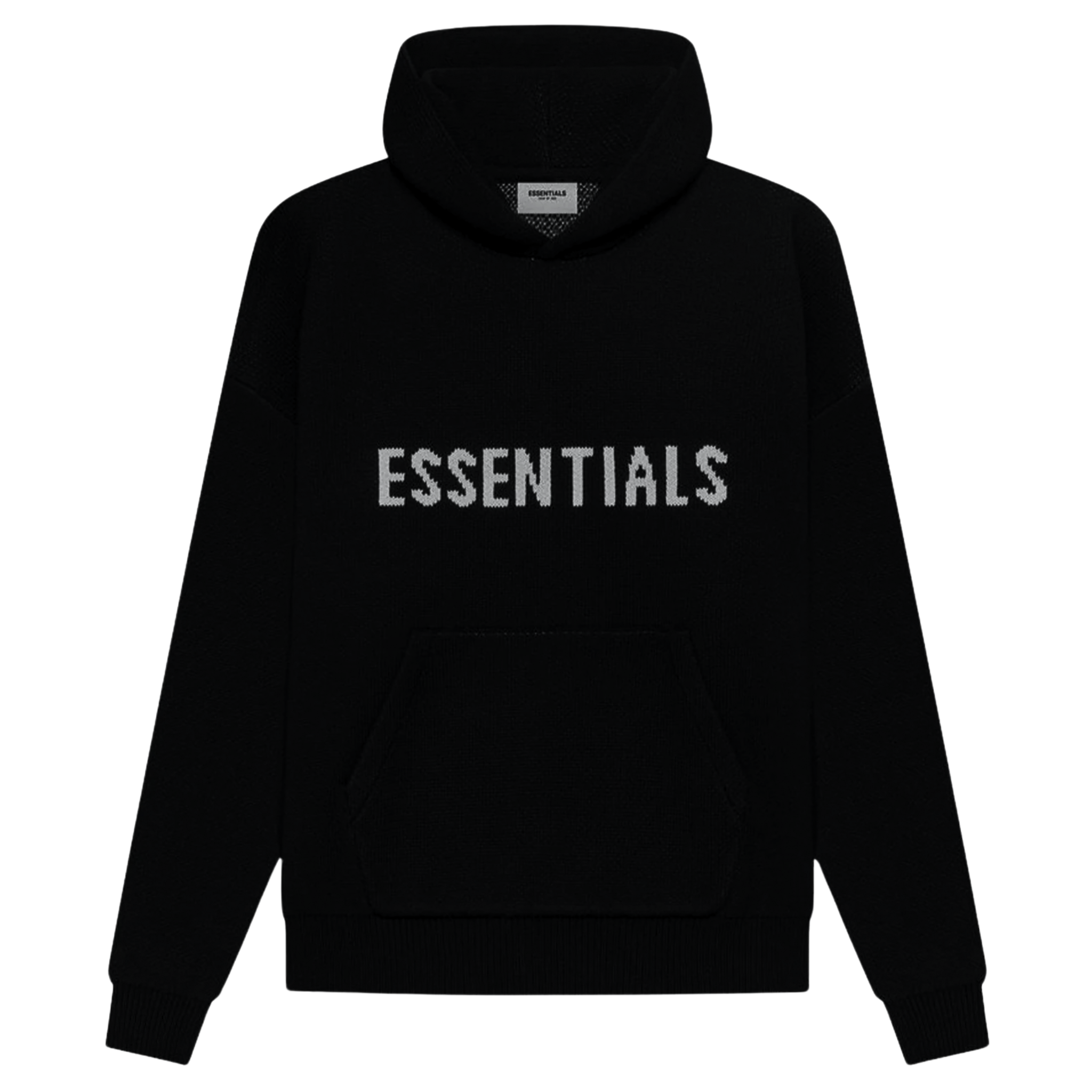 The Fear of God Essentials knit sweater from SS22 features a sleek black design with the brand's logo woven into the fabric. This hooded pullover combines minimalist aesthetics with premium craftsmanship, offering a stylish and comfortable addition to any wardrobe.
