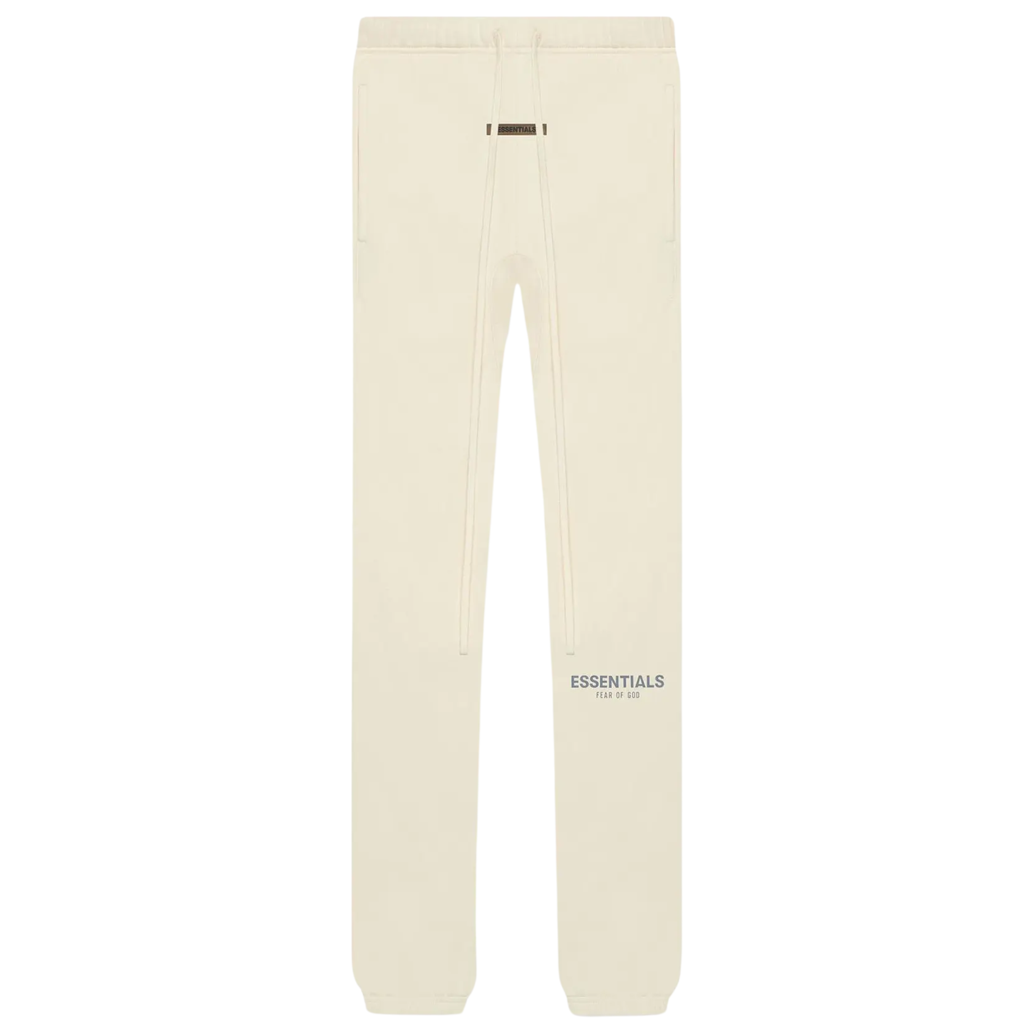 The Fear of God Essentials Sweatpants from SS21 are crafted from a soft cotton-blend fleece in a light buttercream hue. Featuring a slim-leg fit, a rubberized brand patch on the waist, and an elongated drawstring for a customizable fit, these sweatpants offer a minimalistic yet stylish look for casual wear.
