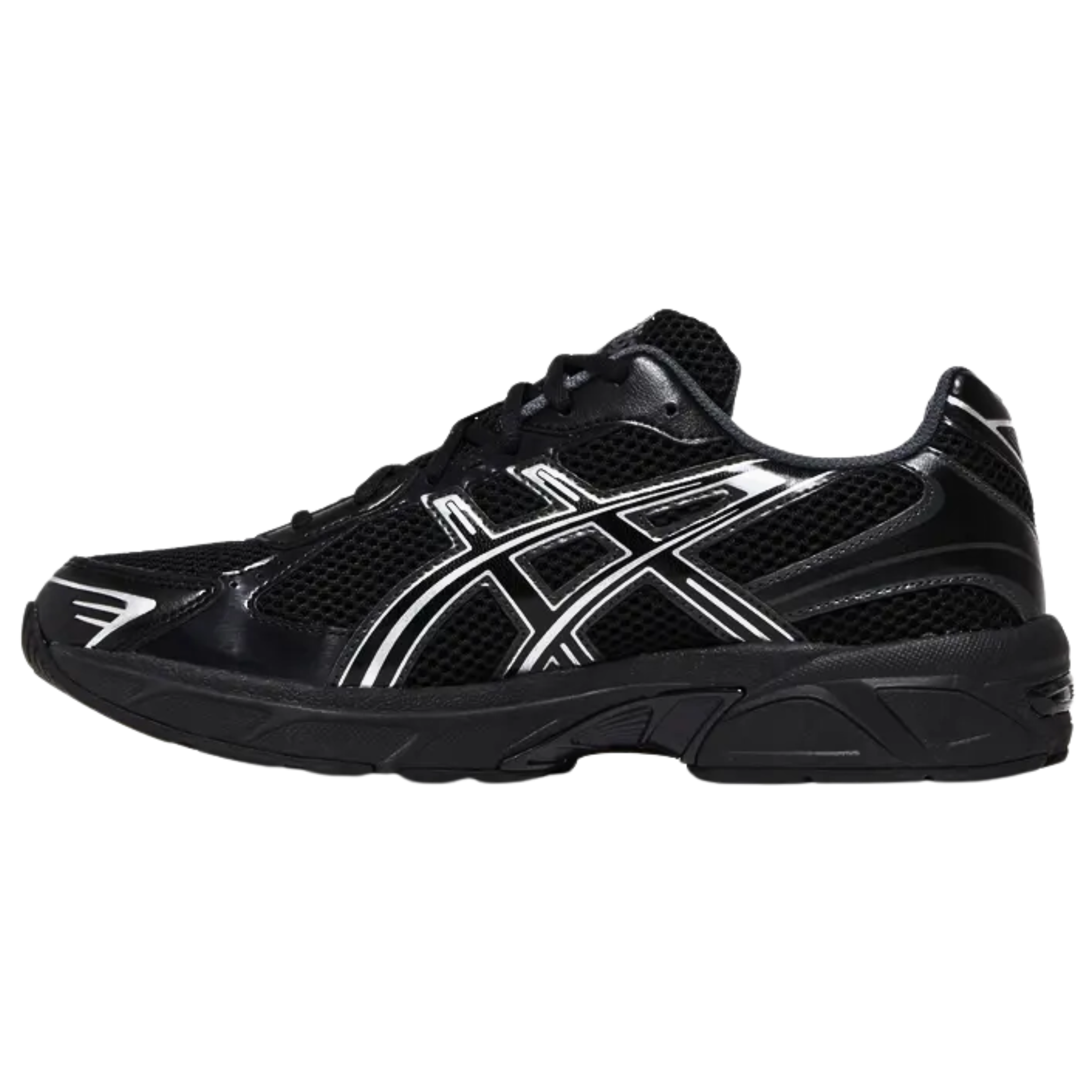 The ASICS Gel 1130 'Black Pure Silver' features a black open-cell mesh upper with tonal synthetic leather overlays. Metallic silver accents highlight the signature tiger stripes, toe wrap, and heel overlay, while grey textile lines the collar for a sleek, neutral look. The sneaker offers lightweight cushioning with a solid black EVA midsole and a shock-absorbing Gel insert in the heel for added comfort and support.