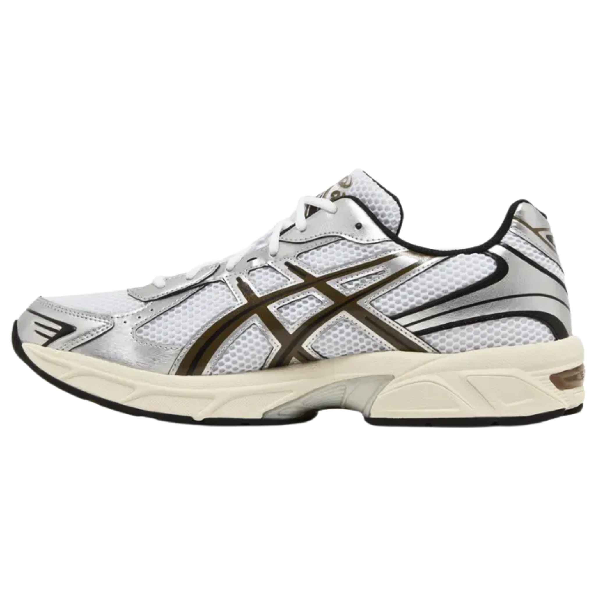 The ASICS Gel-1130 'White Clay Canyon' features a breathable white mesh upper with light brown synthetic leather overlays and contrasting clay-colored tiger stripes. ASICS branding is displayed on the tongue and sockliner. The sneaker is built on a lightweight EVA midsole with visible Gel cushioning in the heel for superior comfort. The durable rubber outsole is equipped with ASICS' TRUSSTIC support system, providing added stability and performance.