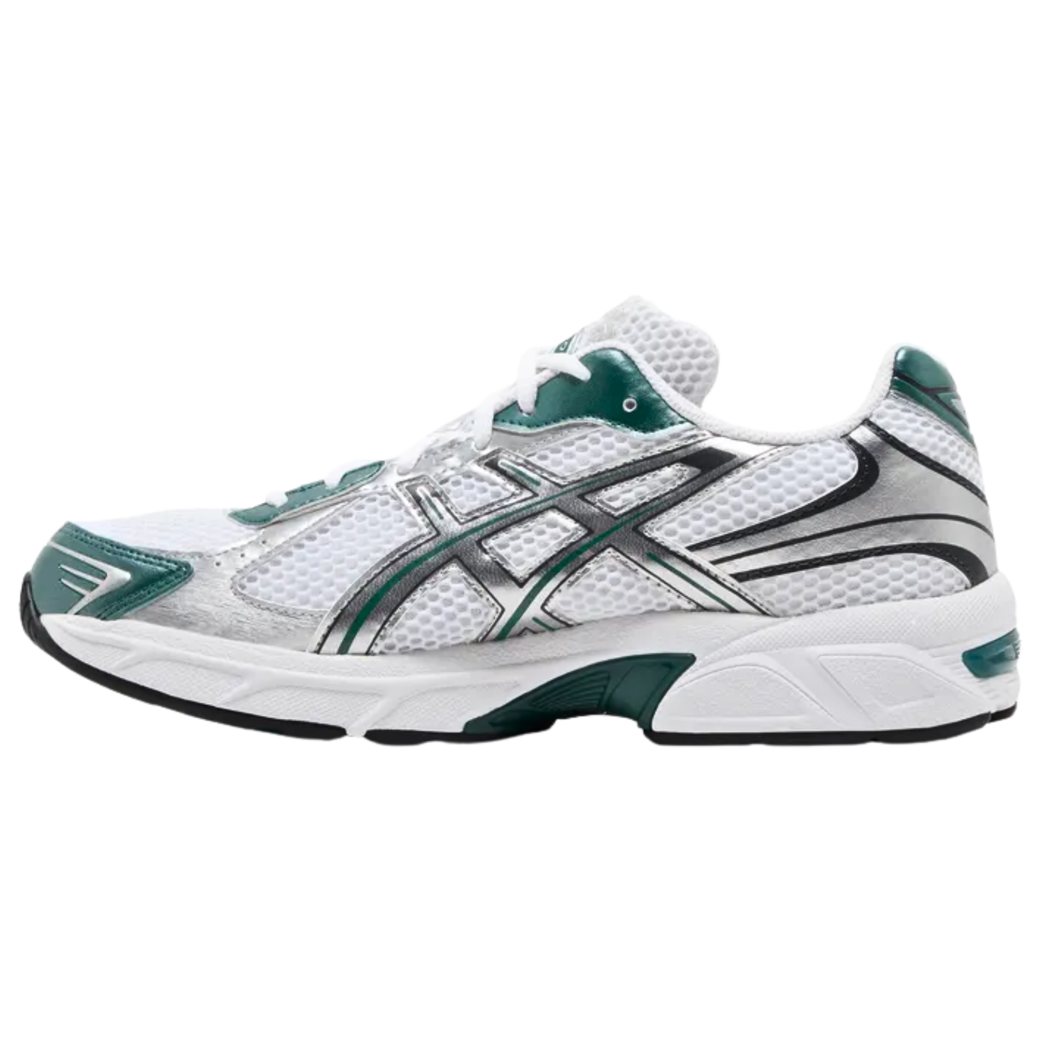 The ASICS Gel 1130 'White Dark Neptune' sneaker features a breathable white mesh upper, durable synthetic leather overlays, and shiny metallic silver tiger stripes with dark emerald accents. This retro runner is designed with a white EVA foam midsole, visible Gel cushioning in the heel, and a durable rubber outsole. Equipped with ASICS' TRUSSTIC support system, this stylish and supportive sneaker offers both comfort and stability.