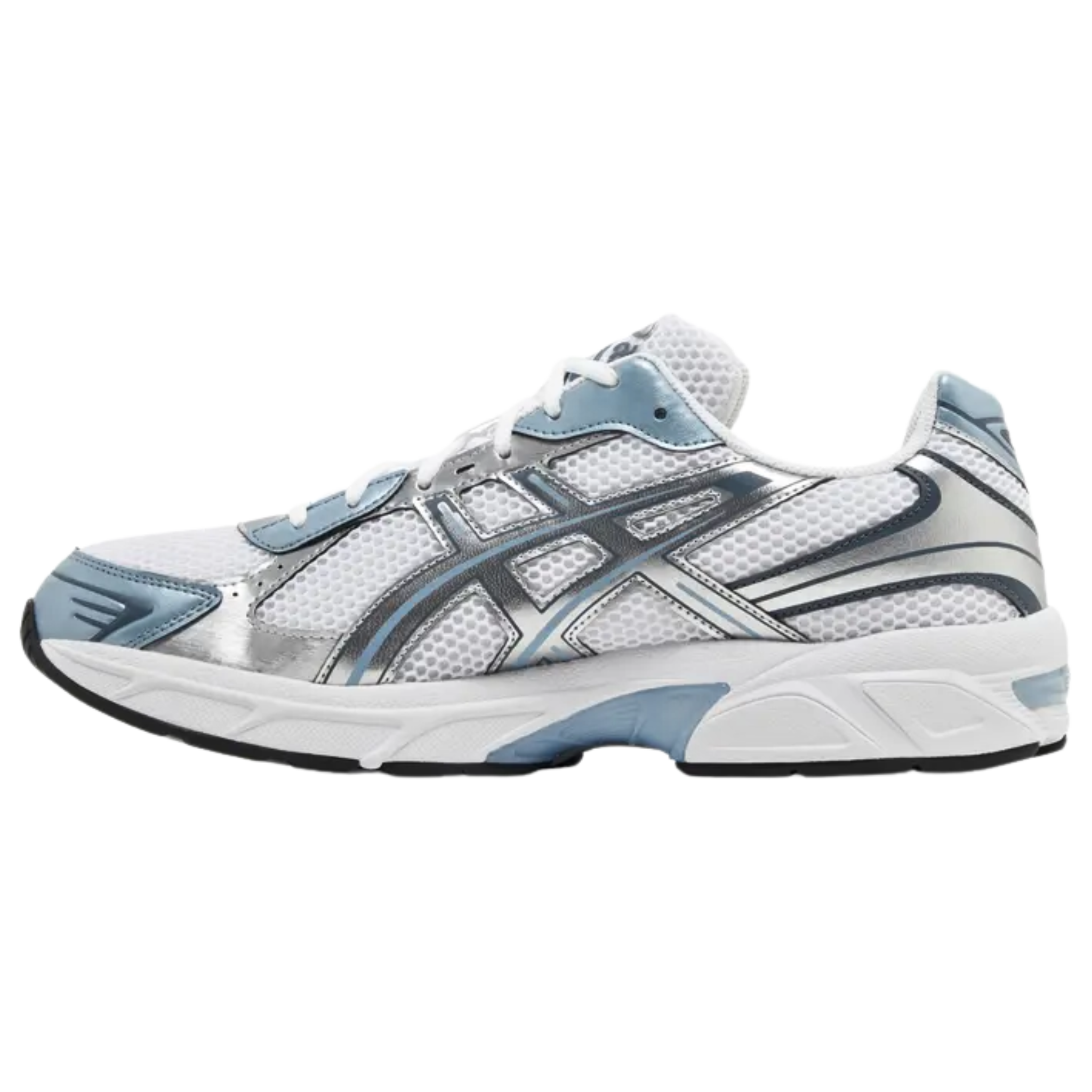 The ASICS Gel 1130 'White Shark Skin' sneaker features a breathable white mesh upper with steel blue synthetic leather overlays and metallic silver tiger stripes. ASICS branding adorns the tongue and sockliner. The sneaker is equipped with a lightweight EVA midsole, visible Gel cushioning in the heel, and a durable rubber outsole with the TRUSSTIC support system, featuring a TPU shank for enhanced stability and performance.