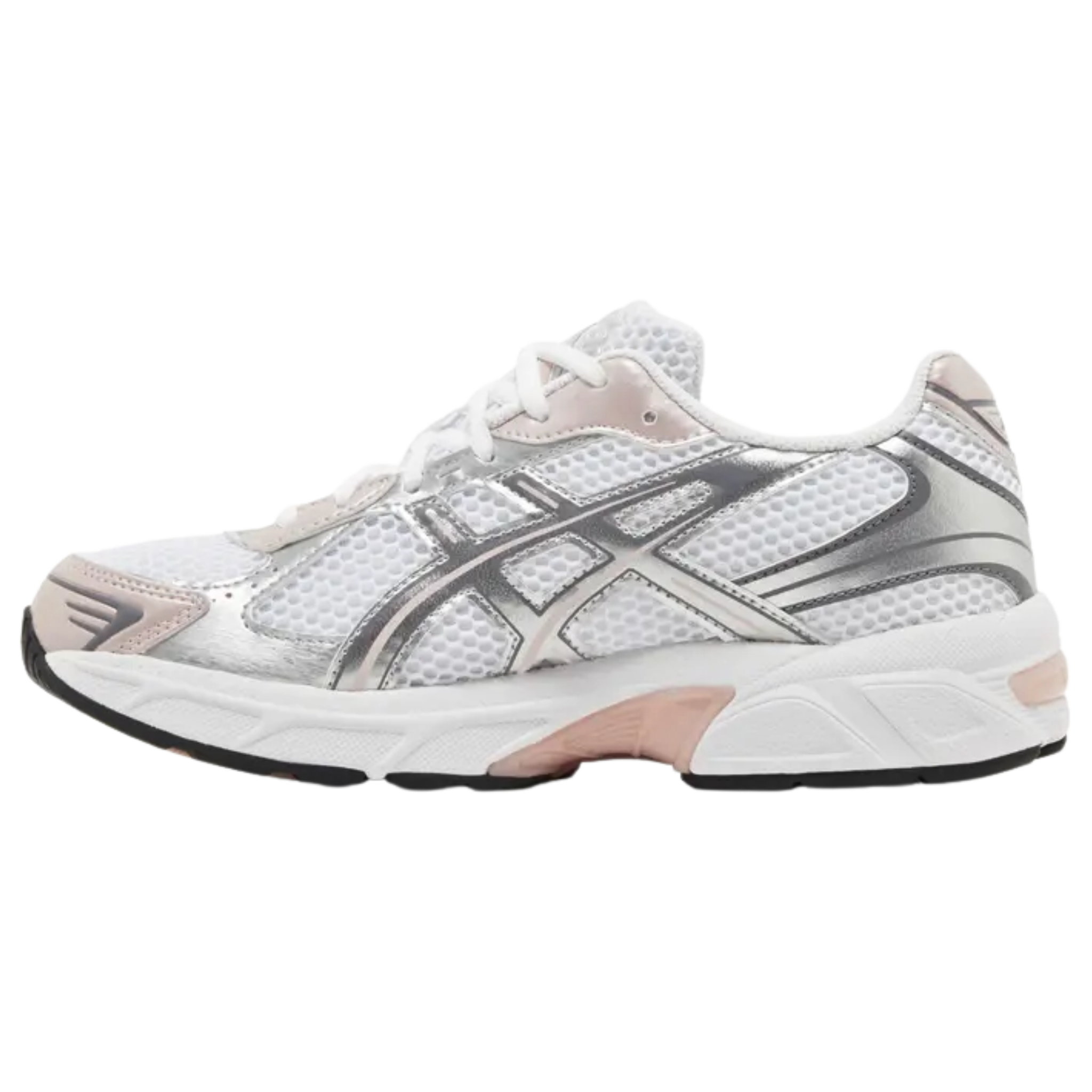 Step into comfort with the ASICS Women's Gel 1130 'White Neutral Pink,' featuring a white mesh upper with metallic silver and dusty rose synthetic overlays. The shoe is equipped with a pink Gel insert in the heel for cushioning and sits on a supportive EVA midsole. A split rubber outsole with TRUSSTIC technology ensures enhanced midfoot stability for a smooth, stable ride.