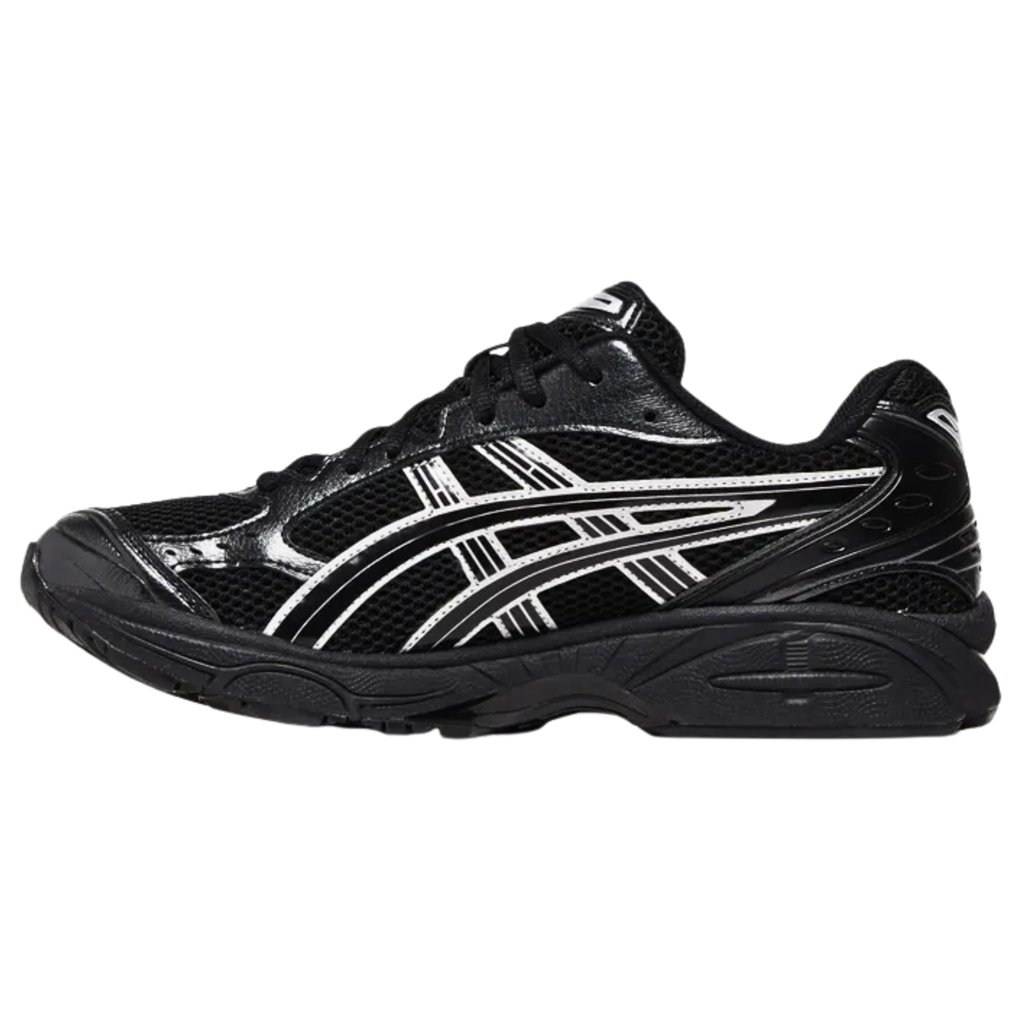The ASICS Gel Kayano 14 'Black Pure Silver' features a ventilated black mesh upper with tonal synthetic leather overlays and signature side stripes, all highlighted by metallic silver accents. The lightweight design is supported by a black EVA midsole, featuring visible Gel cushioning in both the forefoot and heel for added comfort and performance.