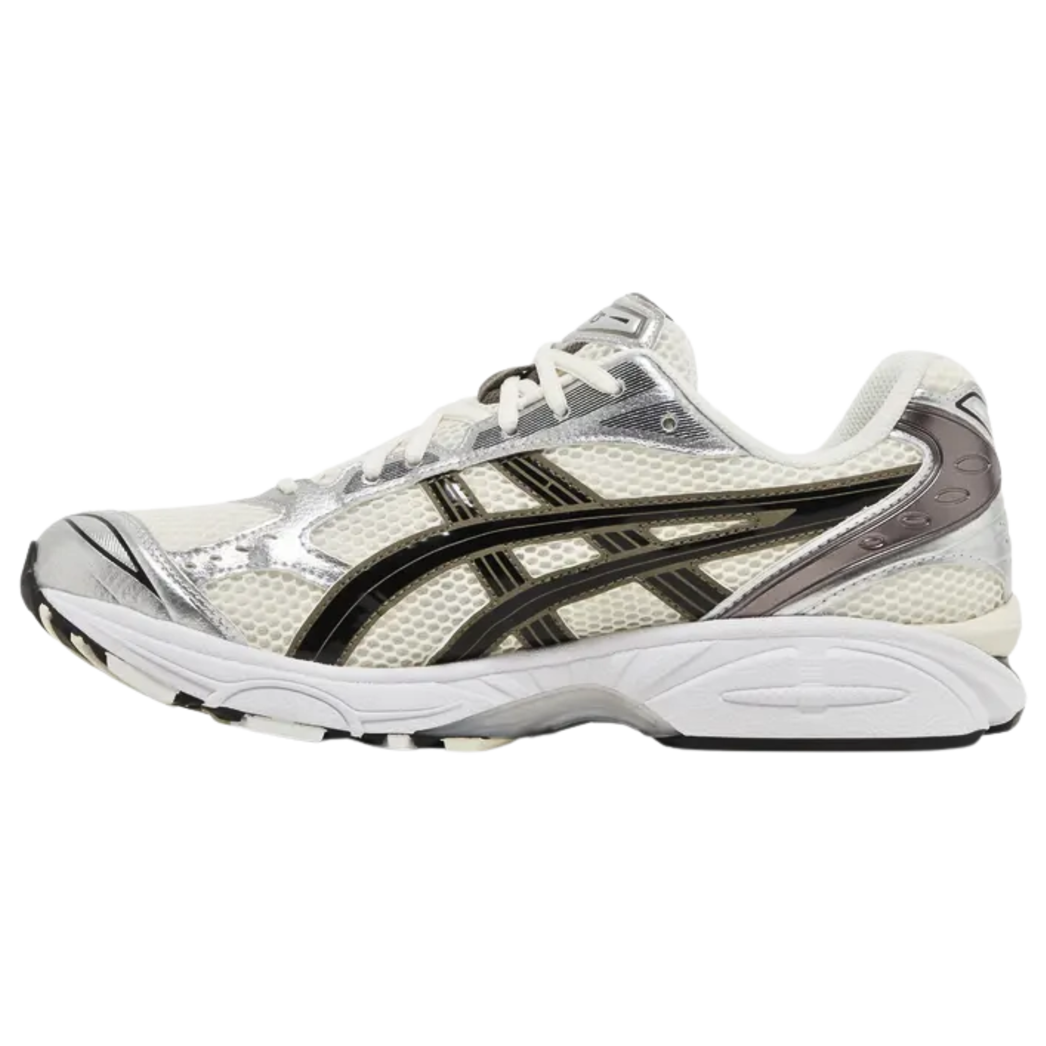 The ASICS Gel Kayano 14 'Silver Cream' features a retro 2000s running-shoe design with black polished side stripes on an off-white mesh upper, reinforced with metallic silver synthetic overlays. The sneaker offers lightweight cushioning with a breathable EVA midsole and visible Gel inserts in both the forefoot and heel. A durable rubber outsole is equipped with the ASICS Trusstic System, providing enhanced midfoot support and stability for added comfort and performance.