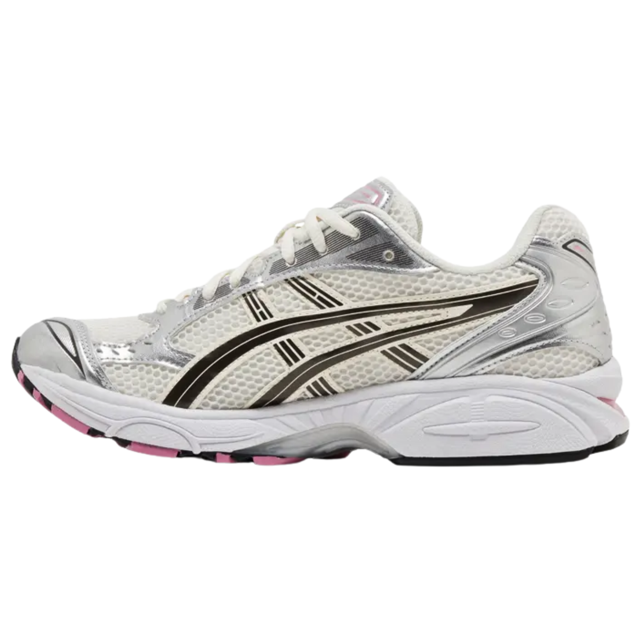 The ASICS Gel Kayano 14 'Cream Sweet Pink' sneaker showcases an off-white open-cell mesh upper with metallic silver synthetic leather overlays. Black lines accentuate the signature side stripes, while vibrant pink highlights the branding on the tongue and heel. The retro-inspired runner features a white foam midsole with visible Gel cushioning in a hot pink tint. A flexible rubber outsole with flex grooves and an exposed TPU shank provide enhanced support and durability.