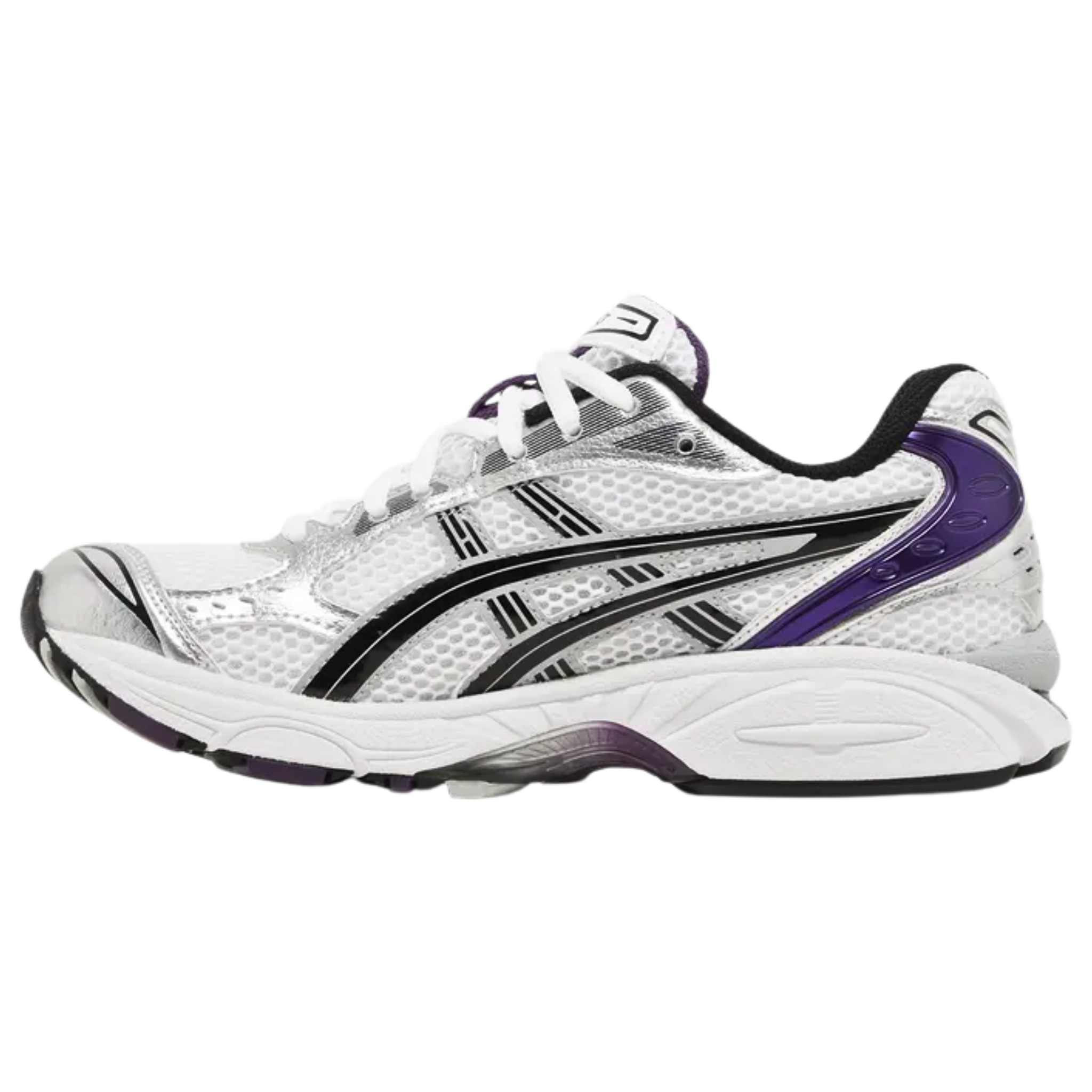 The ASICS Women's Gel Kayano 14 'Silver Grape' sneaker features a breathable white mesh upper with metallic silver synthetic leather overlays. Black arcing lines create the signature tiger stripes, while a metallic violet curved heel overlay adds contrast. The sneaker offers lightweight cushioning with a two-tone foam midsole, enhanced by purple-tinted Gel inserts in the forefoot and heel for superior comfort and support.