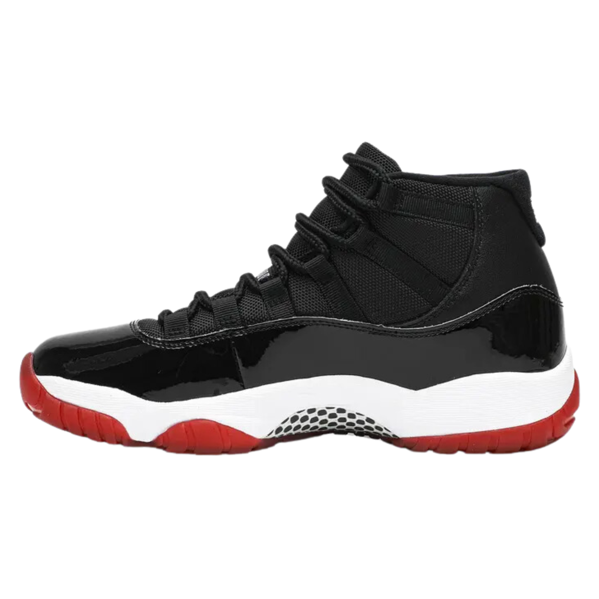 The 2019 Air Jordan 11 Retro 'Bred' features a black mesh upper with shiny black patent leather, a white midsole, and a translucent Varsity Red outsole, celebrating the colorway worn by Michael Jordan during the 1996 NBA championship playoffs.