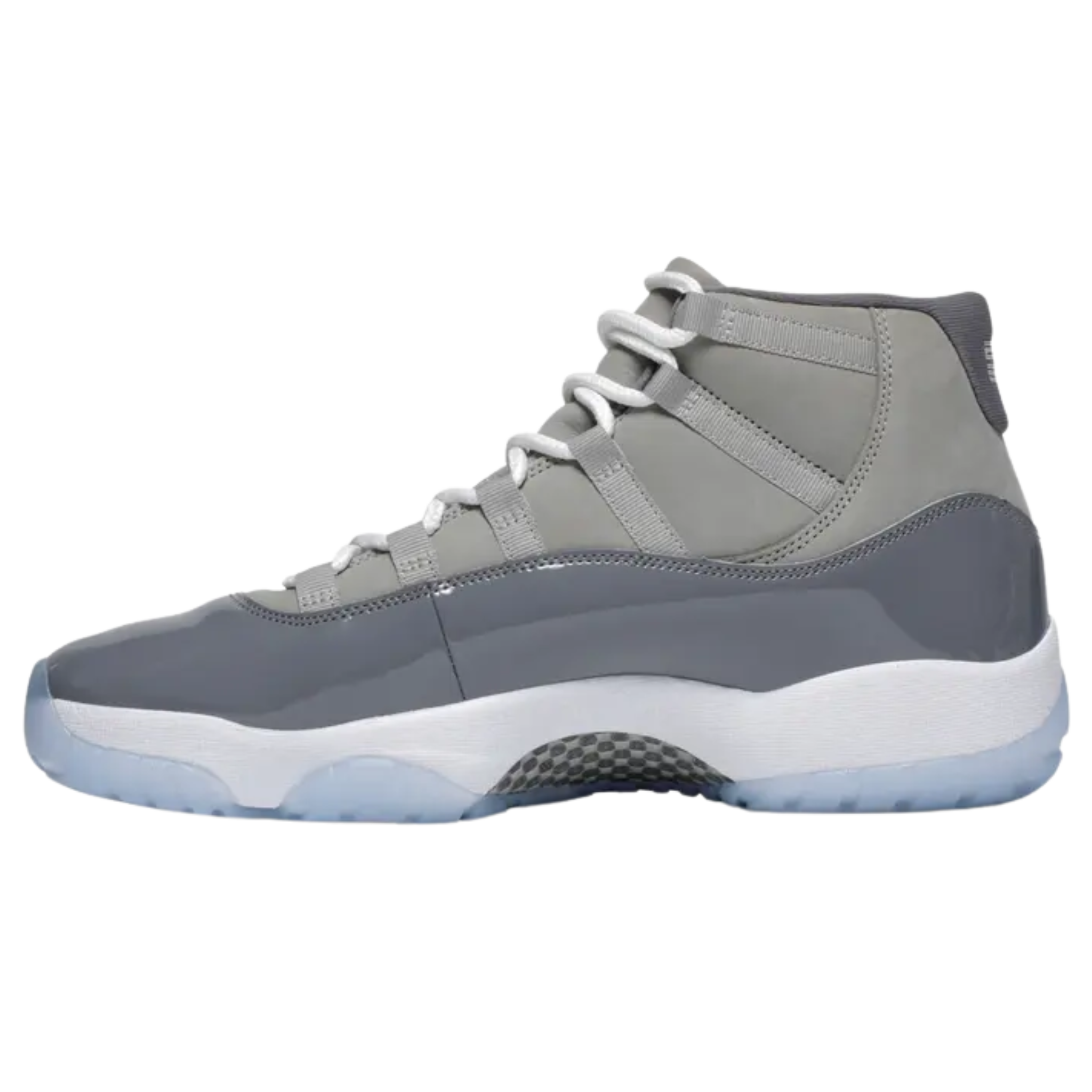 2021 Air Jordan 11 Retro ‘Cool Grey’ featuring a nubuck upper with tonal webbing lace loops and a shiny patent leather overlay in Medium and Cool Grey tones. The sneaker includes a white Jumpman logo on the lateral ankle, a stylized ‘23’ on the heel notch, and a full-length Air-sole unit housed in a white Phylon midsole. Underfoot, a translucent outsole reveals a carbon fiber spring plate for enhanced responsiveness.