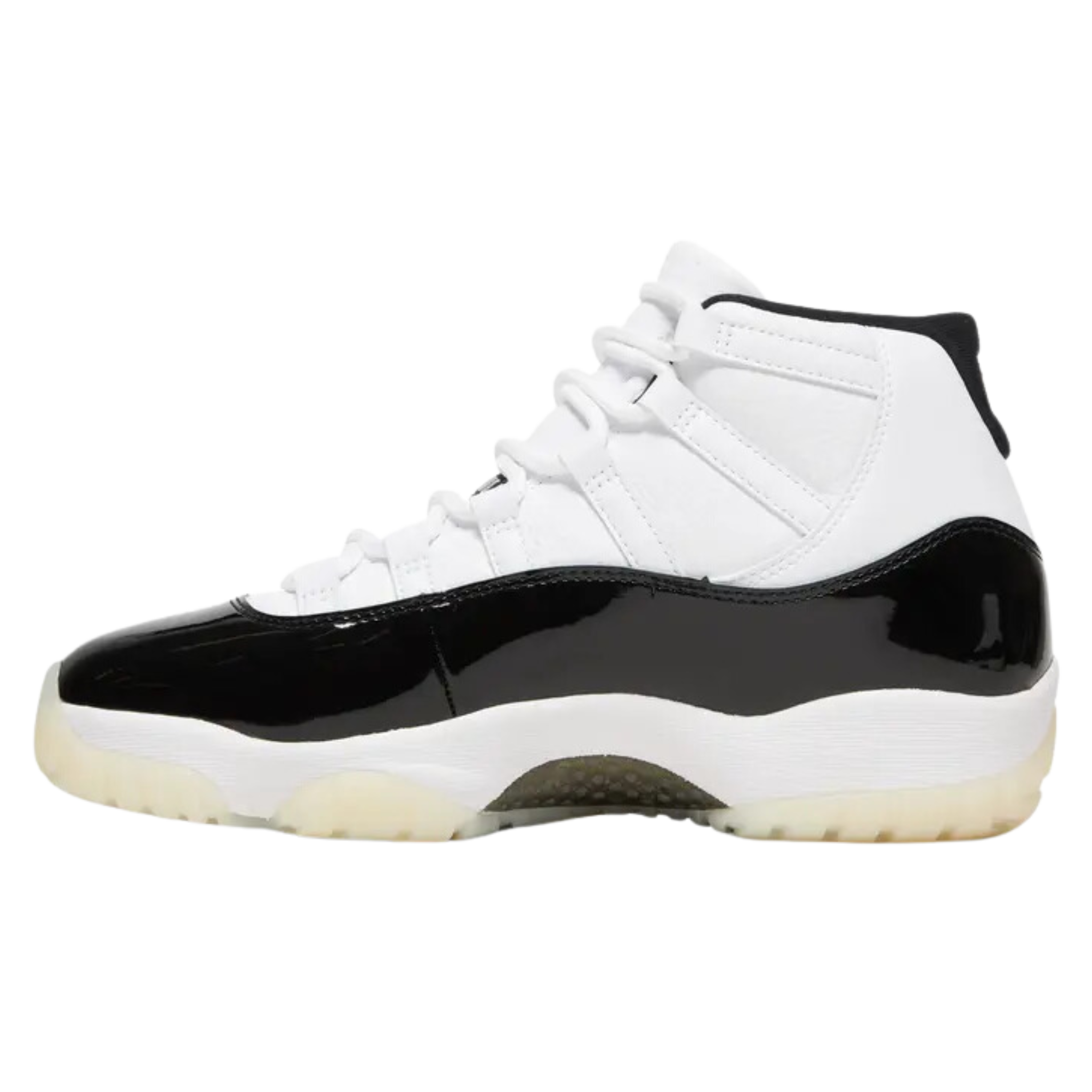Air Jordan 11 Retro 'Gratitude / Defining Moments' (2023) featuring a white tumbled leather upper with tonal webbing eyelets and a black patent leather mudguard. The sneaker includes metallic gold accents on the embossed Jumpman logo on the lateral ankle, a '23' stamped on the heel tab, a Phylon midsole, a carbon fiber shank plate, and a translucent rubber outsole.