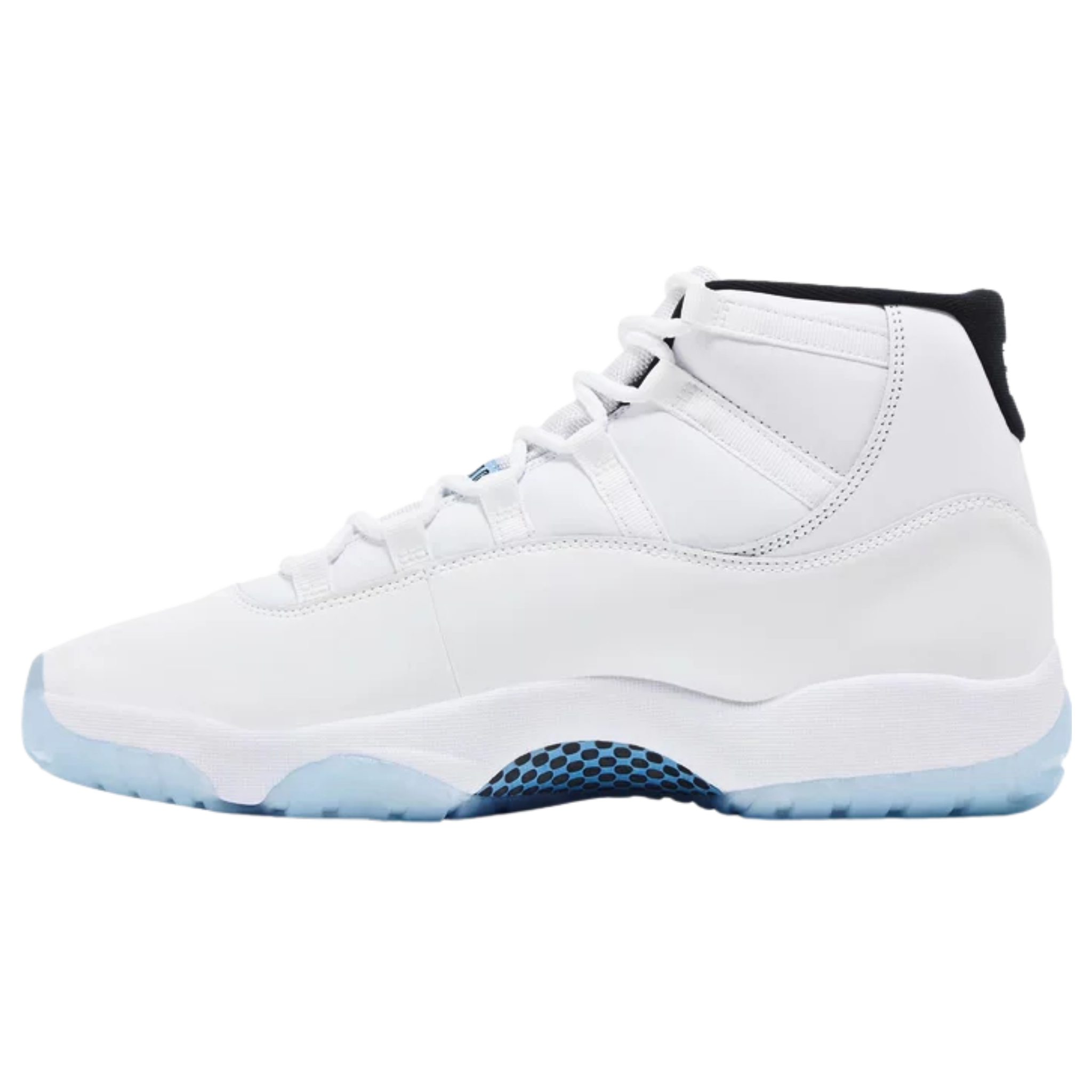 Air Jordan 11 Retro 'Legend Blue' (2024) featuring a white leather upper with a tonal patent leather mudguard and blue embroidered Jumpman on the lateral collar. The sneaker includes black accents on the interior lining and back tab with '23' branding, a white Phylon midsole with a full-length Air-sole unit, and a blue-tinged translucent rubber outsole with a carbon fiber shank plate for stability.