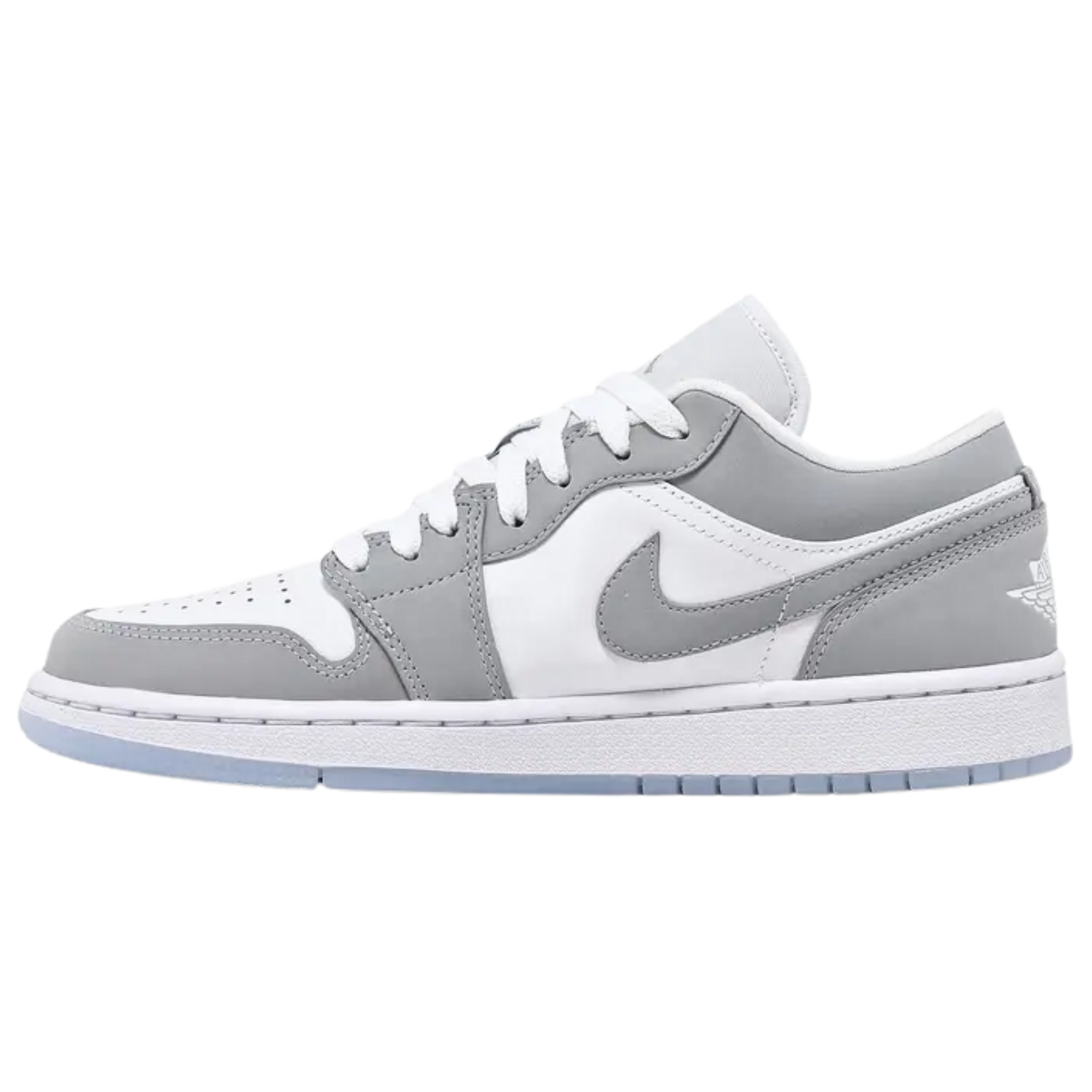 Wmns Air Jordan 1 Low 'White Wolf Grey' 2024 featuring a white leather upper with grey suede overlays and a grey Swoosh. The sneaker includes white laces, a woven Nike Air tongue tag, and a classic Wings logo on the heel tab. It sits on a white midsole with a grey rubber outsole.