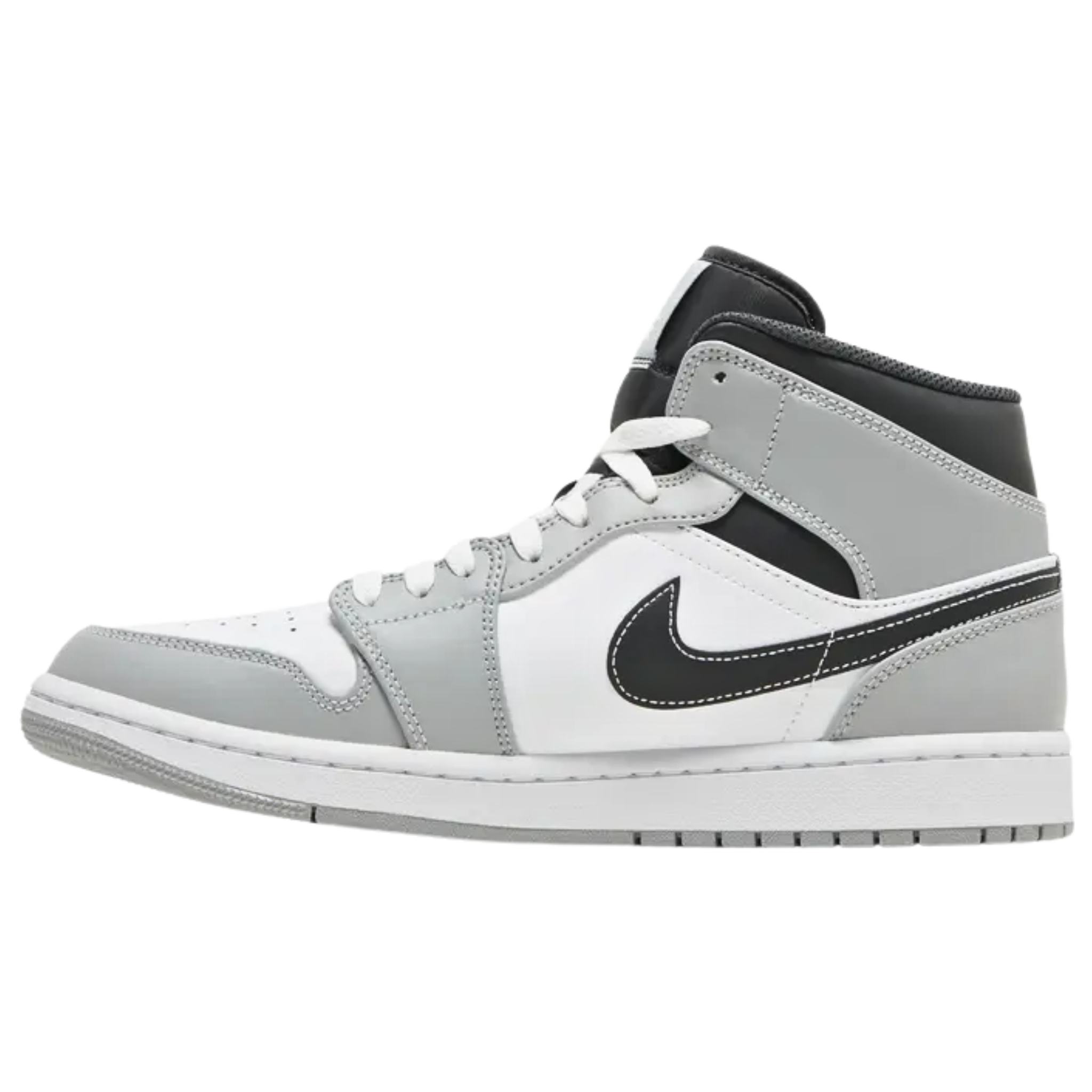 Air Jordan 1 Mid ‘Light Smoke Grey’ Anthracite featuring a smooth leather upper with a white base and light grey overlays at the forefoot and heel. The sneaker includes black accents on the mid-cut collar and Swoosh, with contrast white stitching. Additional branding includes a Jumpman icon on the woven tongue tag and a retro Wings logo on the lateral ankle. It is mounted on a durable rubber cupsole with an encapsulated Air-sole heel unit in lightweight polyurethane.