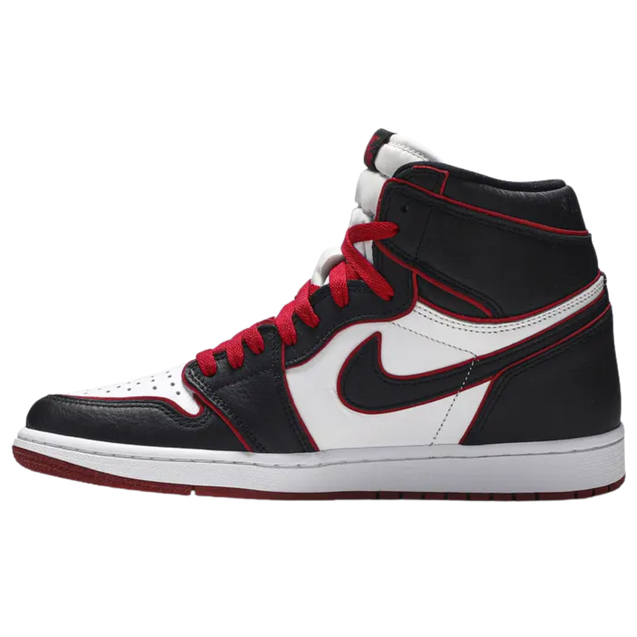 The 2019 Air Jordan 1 High Retro OG 'Bloodline' features a leather upper with a classic red, black, and white color scheme, complemented by retro Swooshes, Wings logo branding, and a dual-tone rubber cupsole with encapsulated Air cushioning.