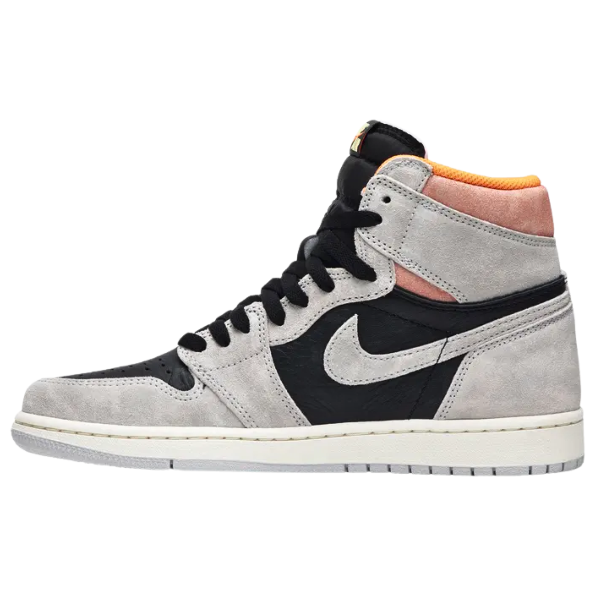 The Air Jordan 1 Retro High OG ‘Neutral Grey’ features a tumbled black leather base with soft grey suede overlays and a Hyper Crimson pop on the collar. The quarter panel is stamped with 'SP 19 Air Jordan 1 High OG' in white print.