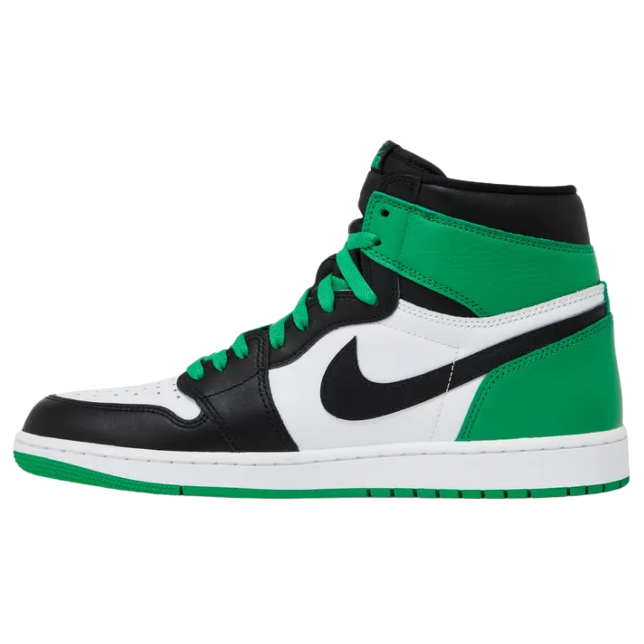 Air Jordan 1 Retro High OG ‘Lucky Green’ featuring a smooth leather upper with a white base and black accents on the forefoot overlay, Swoosh, and padded collar. The sneaker includes green accents on the heel overlay and ankle flap, a retro Wings logo on the lateral side, and a woven Nike tag atop the breathable nylon tongue.