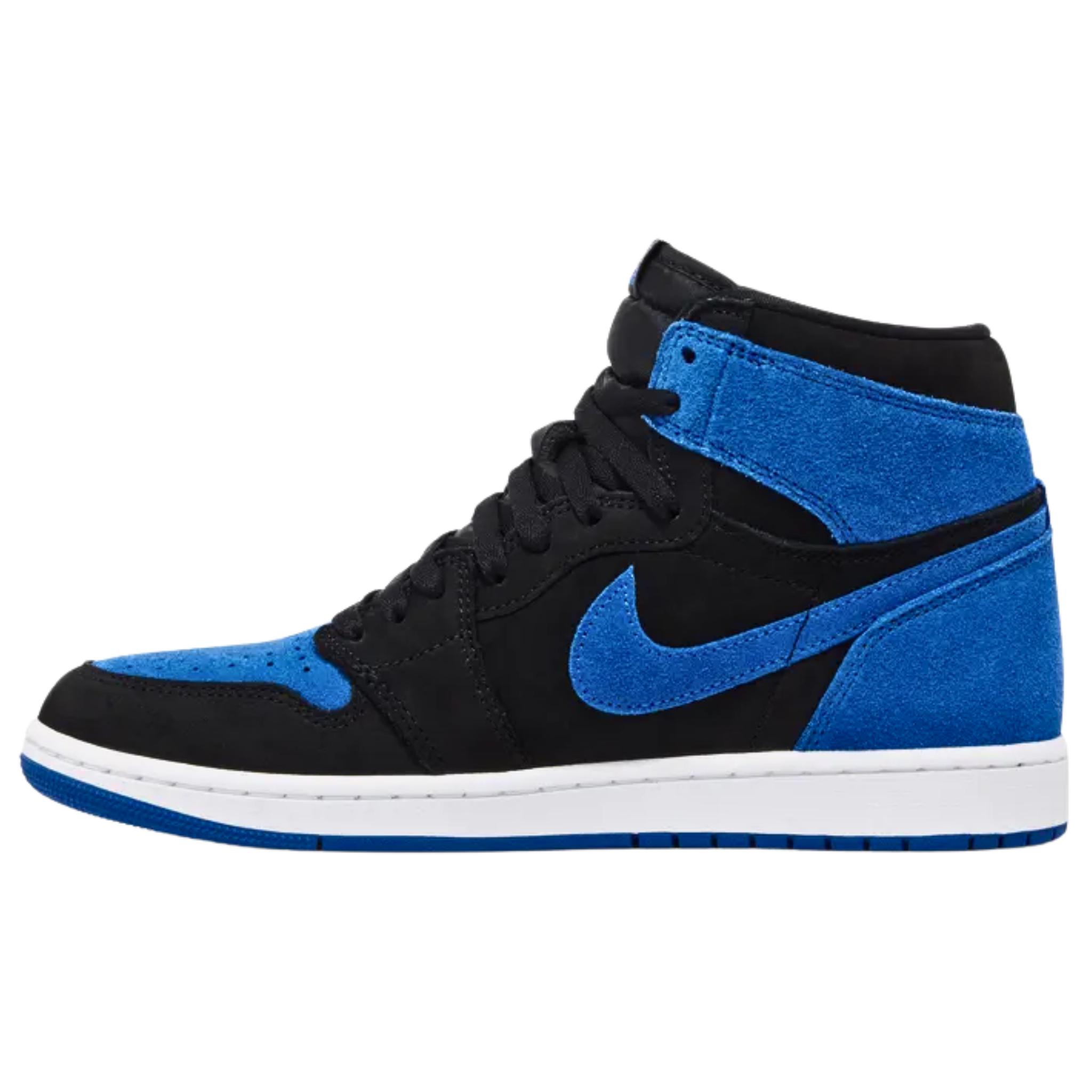 Air Jordan 1 Retro High OG 'Royal Reimagined' featuring a smooth suede upper with a black base and royal blue accents on the toe box, Swoosh, heel, and collar overlay. The sneaker includes a Jordan Wings logo on the collar, a woven Nike Air tag on the nylon tongue, and a sturdy rubber cupsole with white sidewalls and a royal blue outsole.