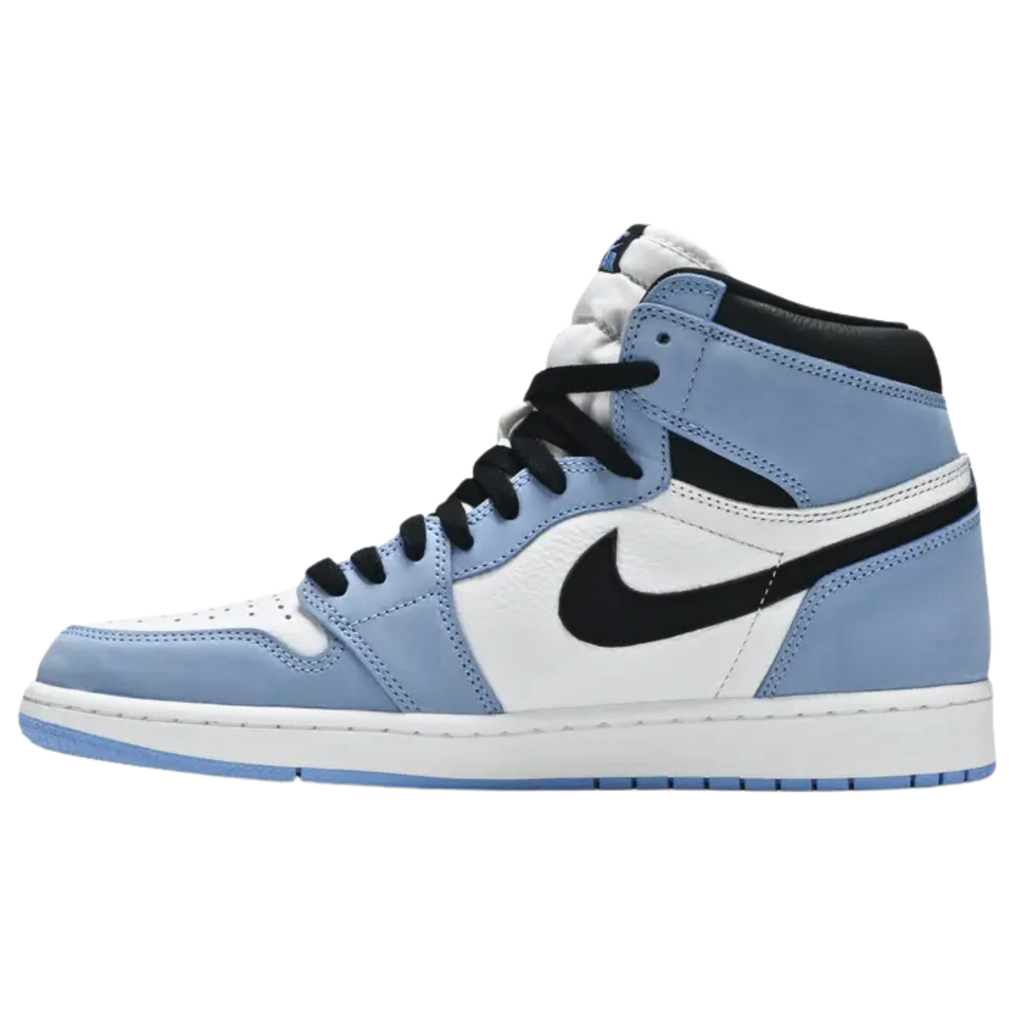 Air Jordan 1 Retro High OG 'University Blue' featuring an all-leather upper with a white base, powder blue overlays, and a black Swoosh. Black accents appear on the collar, tongue tag, and printed Wings logo. A brighter blue shade decorates the standard AJ1 outsole with multi-directional traction and a pivot point.